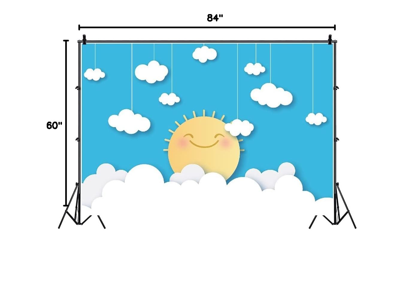Laeacco 7x5ft Vinyl Baby Photo Backdrop - Cartoon Smiling Sun with Clouds & Blue Sky Design for Newborn Photography, Birthday Parties, Cake Smash & Nursery Decor | Waterproof, Durable Kids Photography Background
