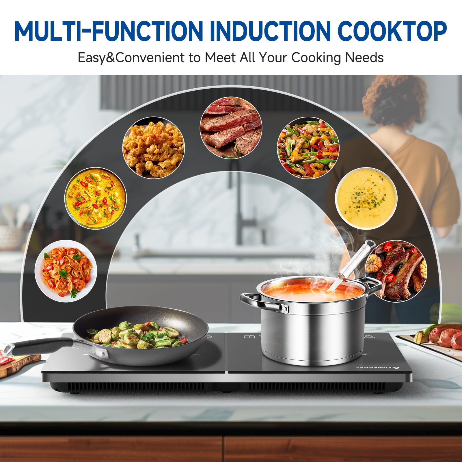AMZCHEF Double Induction Cooktop - 2 Burner Electric Stove with 1800W Sensor Touch, 20 Temp & Power Levels, Independent Control, Low Noise, 3H Timer & Safety Lock - Perfect for Home Kitchen, Dorm Cooking & RV Use