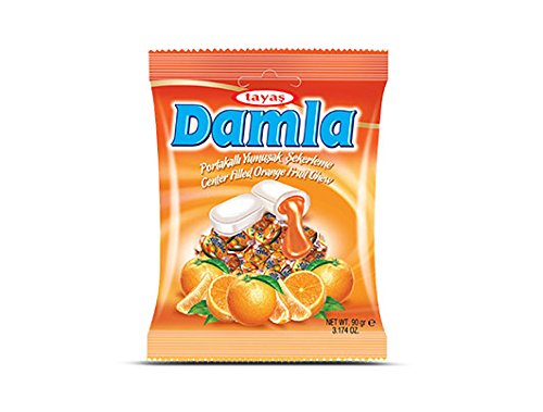 Tayas Damla Orange Chewy Candy 90g (3.17 oz) - Sweet & Tangy Turkish Delight for Snacking, Gifting & Parties