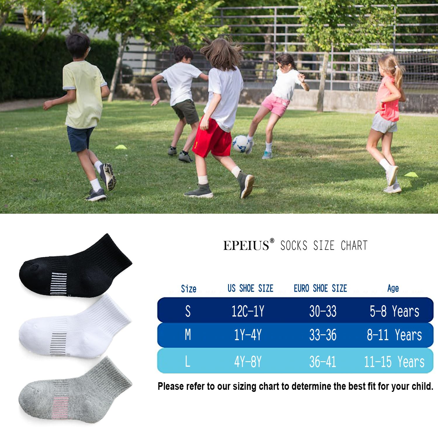 EPEIUS Kids Girls' Cushioned Running Socks - Thick Cotton Athletic Ankle Socks for Sports & Play - Comfortable Quarter Socks for Ages 5-15 - Perfect for School, Gym & Everyday Wear