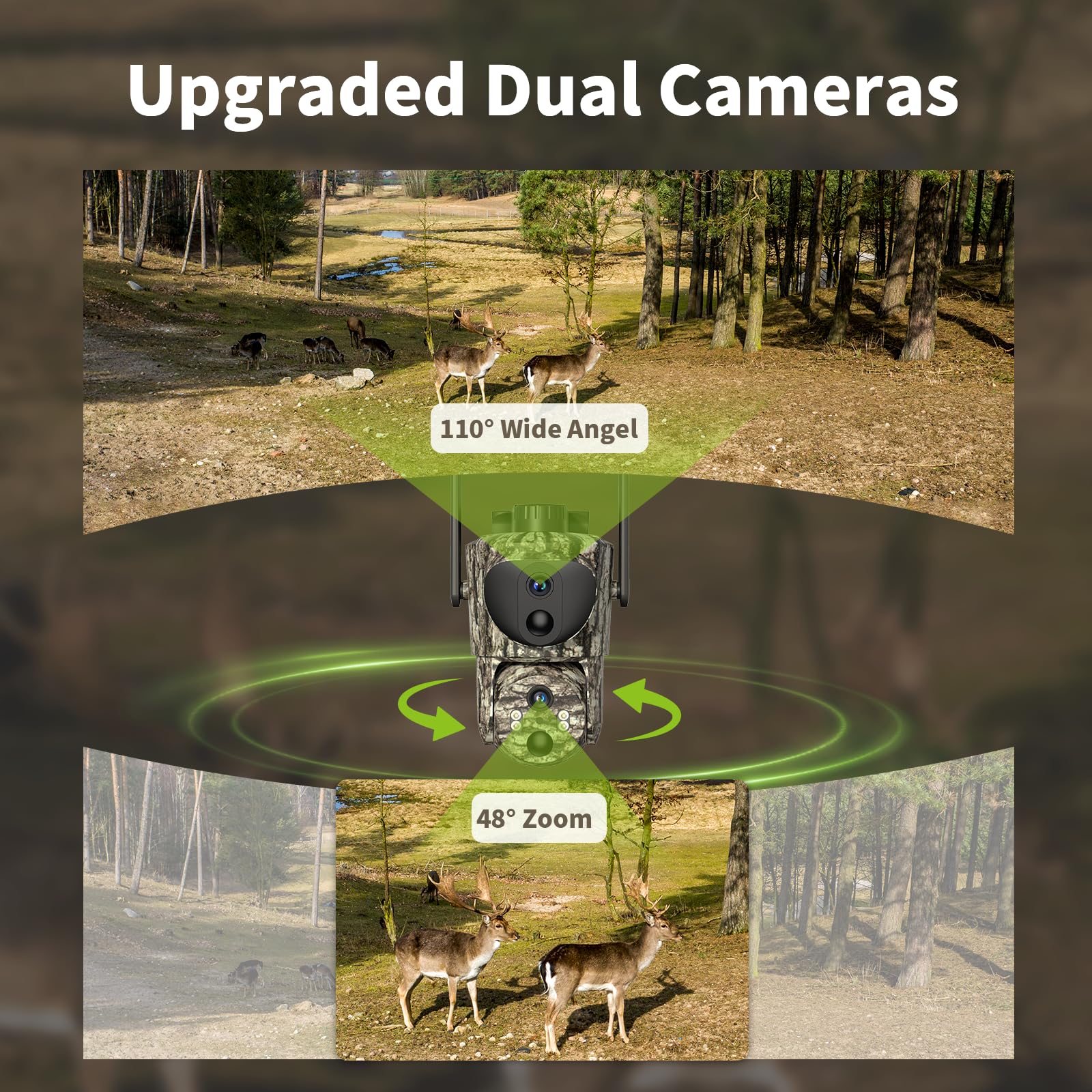 4G LTE Cellular Trail Camera with Dual Lens & Built-in SIM Card - 2K 360° Live View Game Camera, No-Glow IR Night Vision, Motion Activated, Solar Powered, Remote Phone Access - Perfect for Wildlife Monitoring, Home Security & Outdoor Surveillance