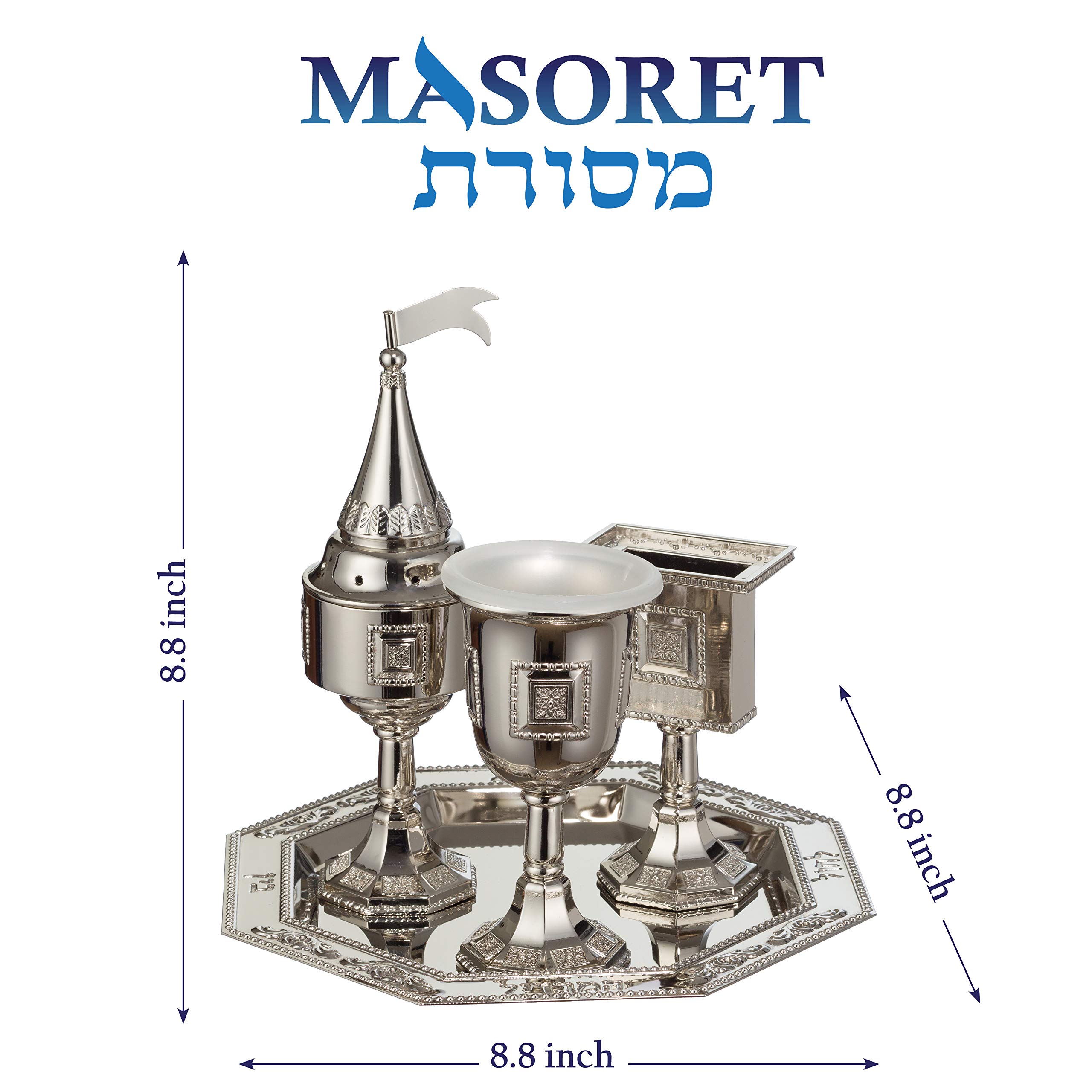 Nickel Havdalah Set with Kiddush Cup, Candle Holder, Spice Box & Tray - Complete Jewish Shabbat Ceremony Kit for Home Blessings