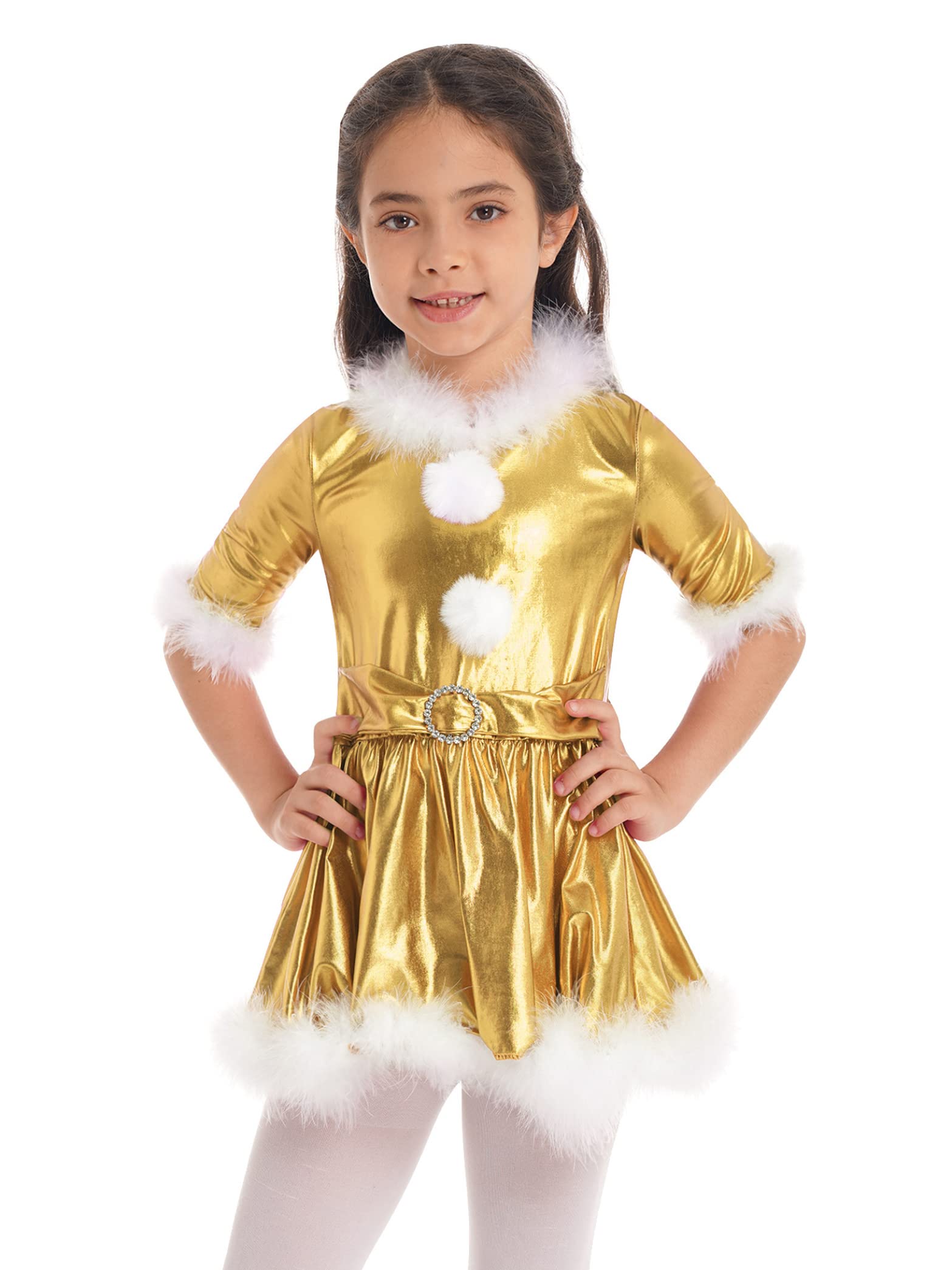Girls Christmas Shiny Metallic Dance Costume - Jazz Outfit for Modern Dance & Figure Skating - Holiday Performance Dress for Kids (Ages 5-12) - Perfect for Recitals, Competitions & Christmas Shows