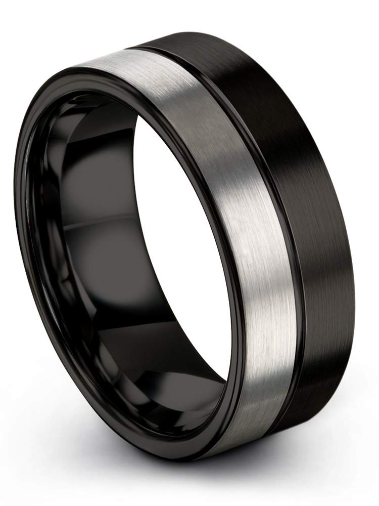 8mm Tungsten Carbide Wedding Band Ring for Men & Women - Blue Black Center Line, Flat Cut, Half Brushed & Polished - Custom Engraving for Anniversary & Engagement - Perfect for Everyday Wear, Special Occasions & Gift Giving