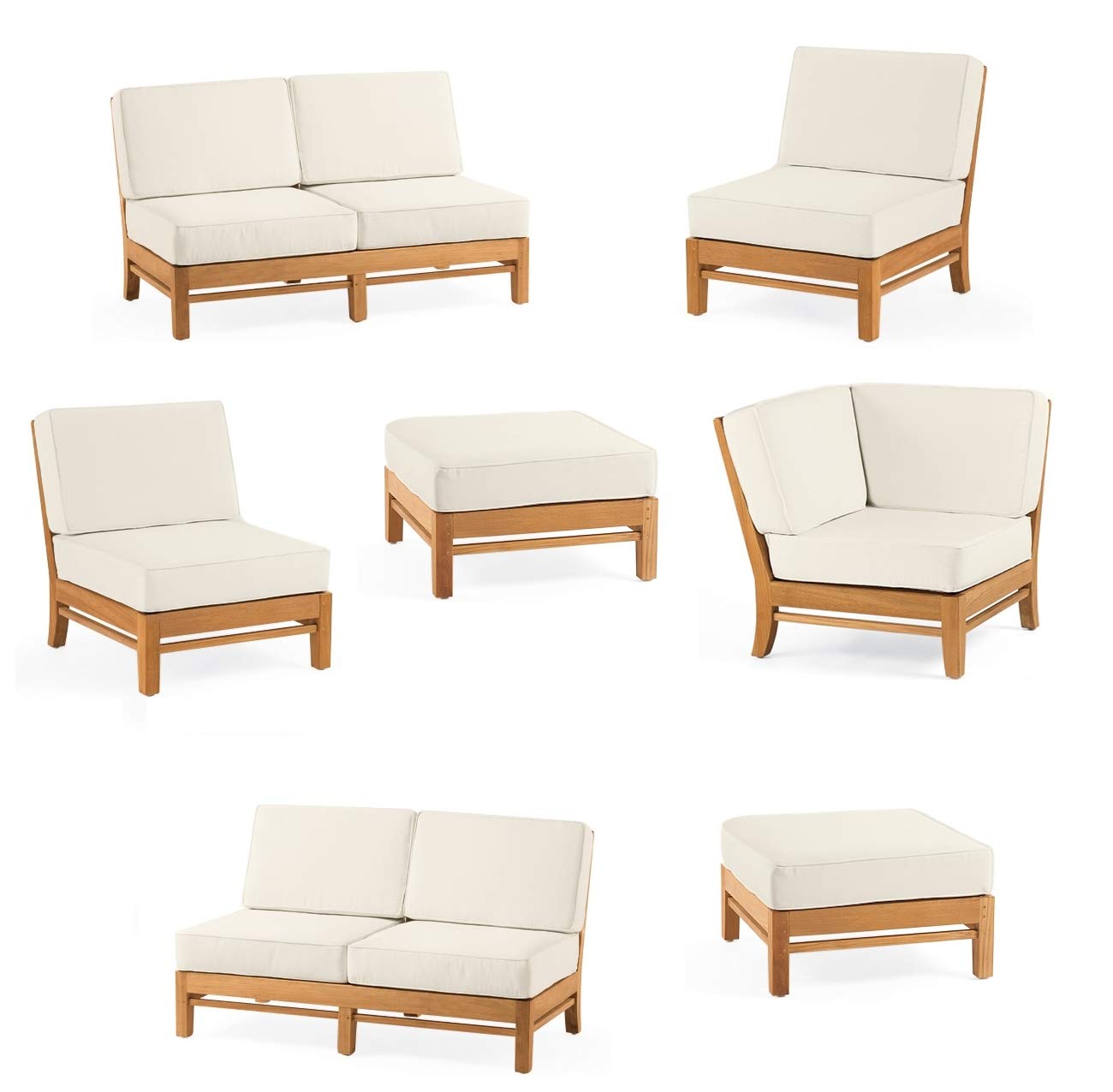 Premium Grade-A Teak Wood Ramled 6-Piece Sectional Sofa Set - 2 Love Seats (Left/Right), Corner Piece, Armless Lounge Chair, Ottoman & Side Table - Modern Living Room Furniture for Home, Patio, and Outdoor Use