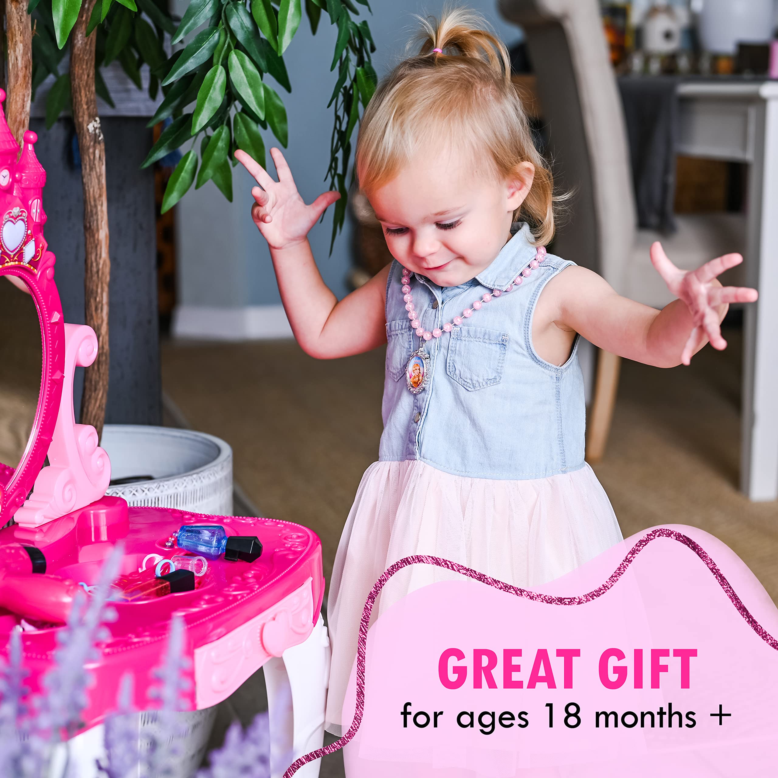 Play Vanity Sets for Girls - Toddler Makeup Vanity Playset with Mirror & Table | Kids Beauty Set with Fashion Accessories | Pretend Play, Birthday Gift & Room Decor