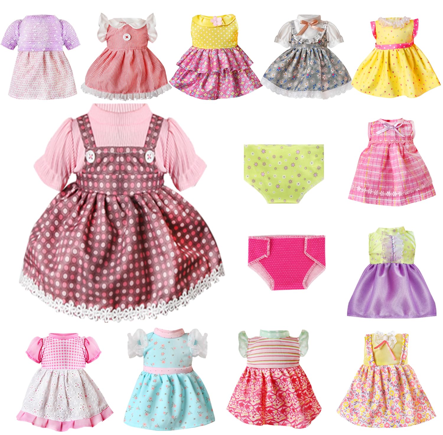 14-Piece Doll Clothes and Accessories Set for 13-15 Inch Baby Dolls - 12 Dresses + 2 Underwear Outfits - Perfect Gift for Girls | Playtime, Dress-Up, and Pretend Play