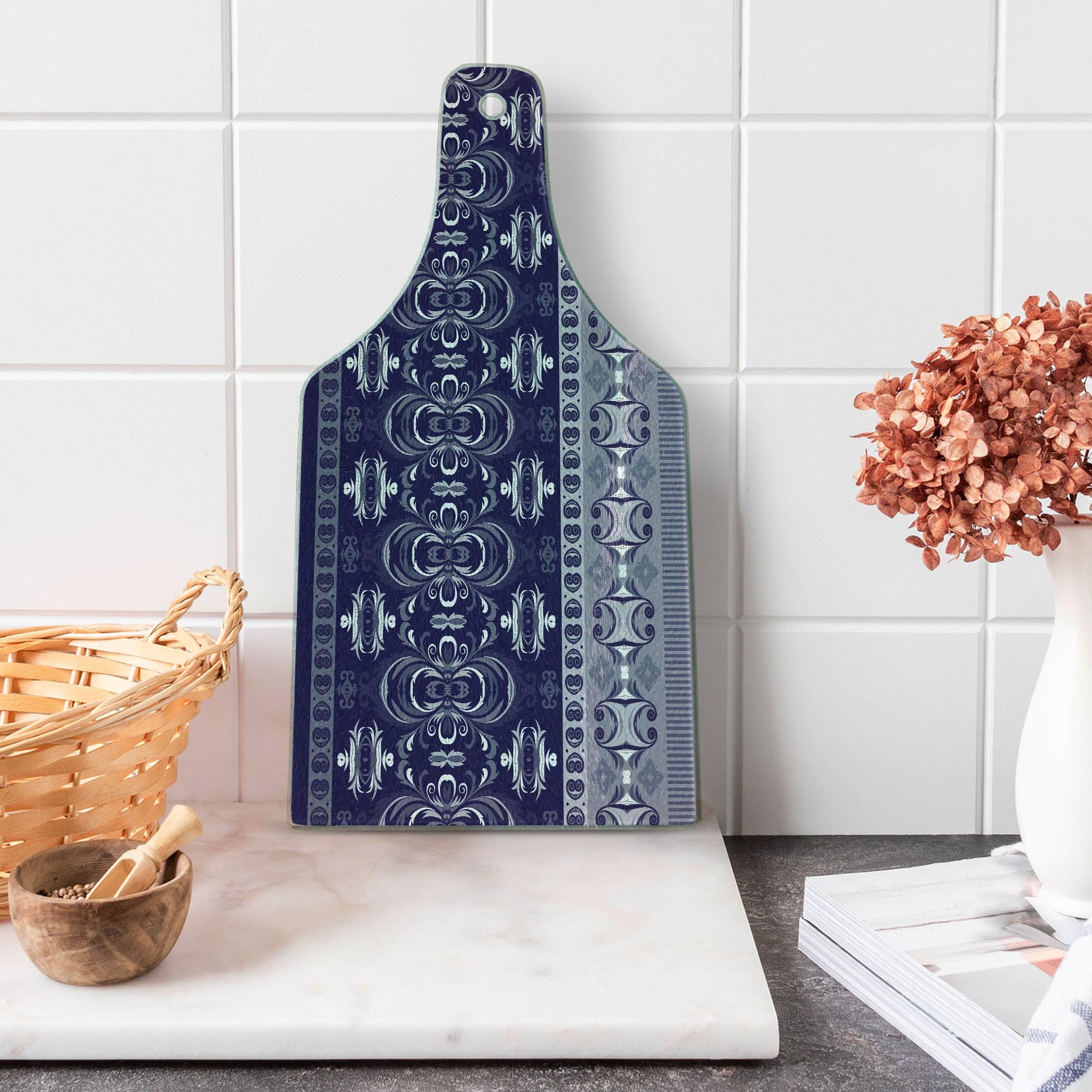 Ambesonne Navy Blue Tribal Ethnic Floral Tempered Glass Cutting Board - Decorative Wine Bottle Shape Serving Board with Dark Blue, Pale Blue & White Design - Perfect for Cheese, Charcuterie & Wine Pairing