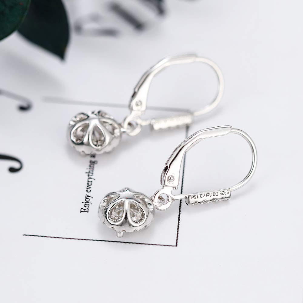 DovEggs 1ct 5mm G-H-I Color Moissanite Halo Leverback Drop Hoop Earrings for Women - 14K Gold Plated Sterling Silver Wedding & Party Jewelry Gift
