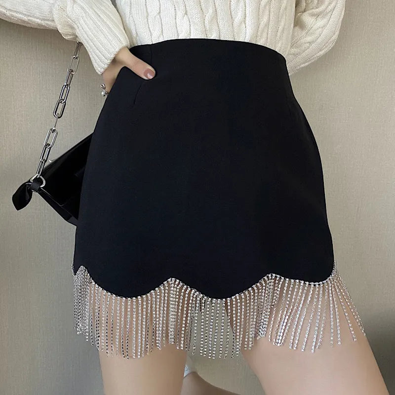 Black Patchwork Chain Casual High Waisted A-Line Mini Skirt for Women | Korean Fashion Summer Skirt | Perfect for Streetwear, Dating, and Party Outfits