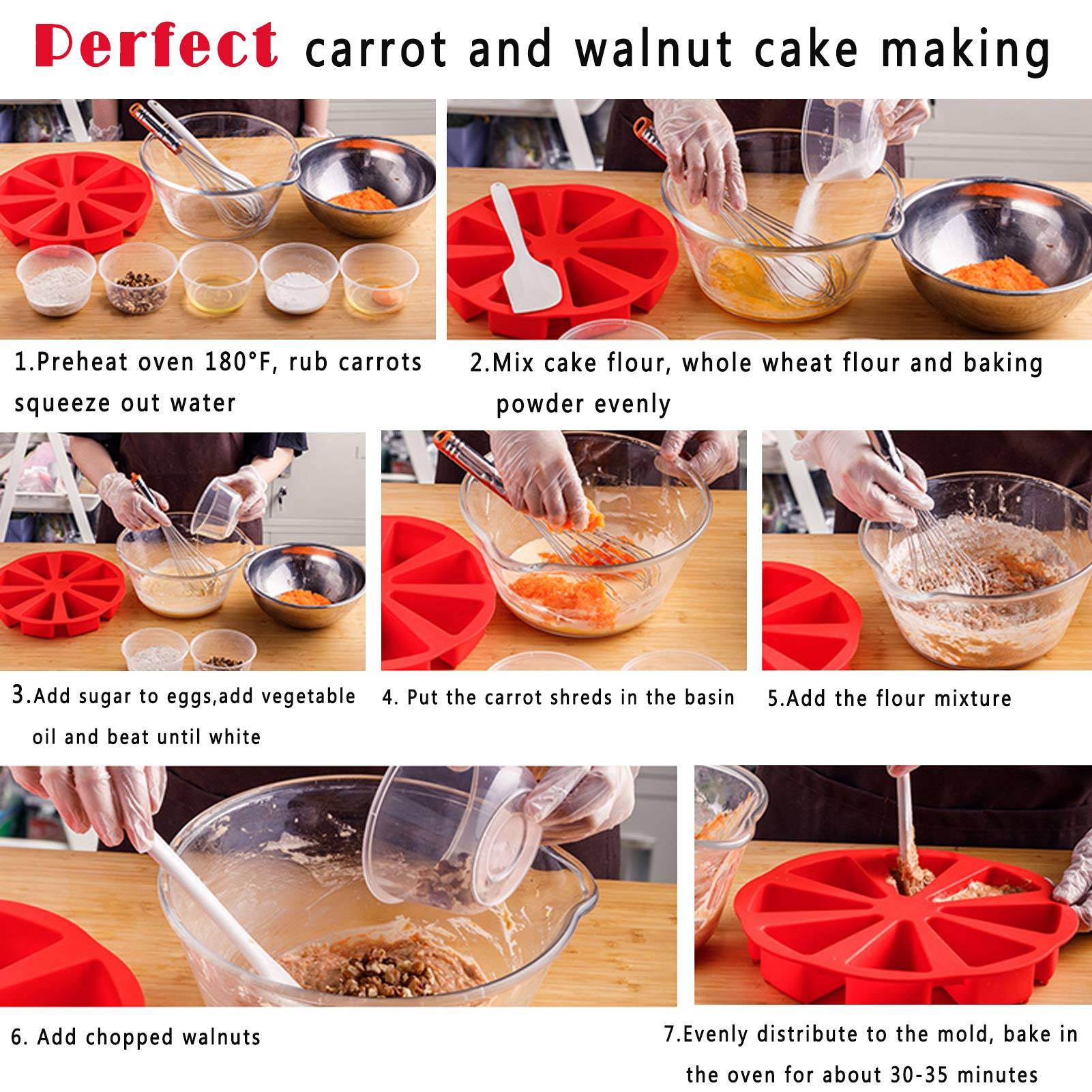 Meajore 2-Piece Silicone Baking Pan Set - 8-Cavity Triangle Cake Mold & 4-Inch Round Cake Pan for Brownies, Muffins, Cheesecake, Cornbread - Non-Stick, Flexible, Rose Red - Perfect for Home Baking, Party Desserts, and Holiday Treats