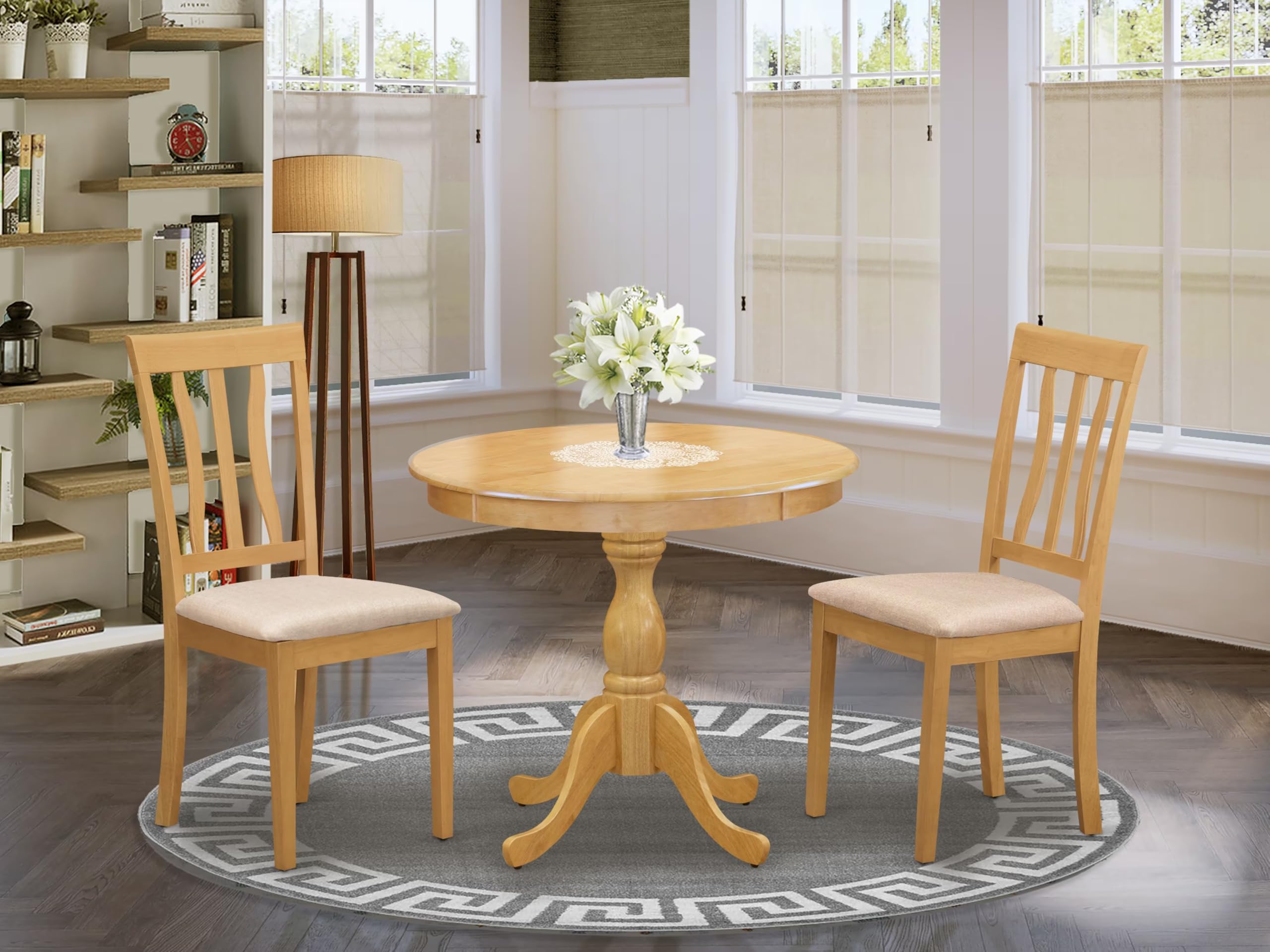 East West Furniture AMAN3-OAK-C 3-Piece Modern Dining Table Set - Round Kitchen Table with Pedestal Base & 2 Linen Fabric Chairs, 36x36 Inch, Oak Finish - Perfect for Small Spaces, Breakfast Nooks & Cozy Dining Rooms