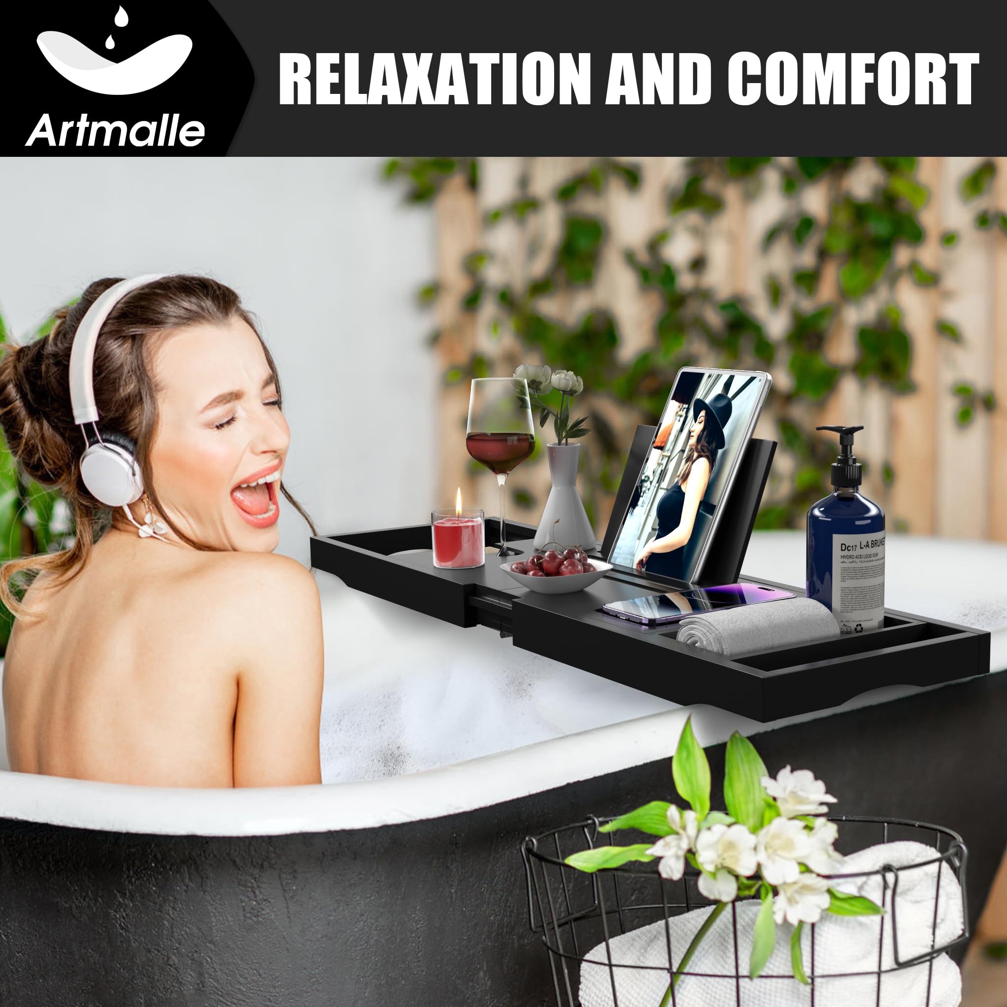 **Foldable Bamboo Bathtub Tray with Book Holder & Soap Dish – Luxury Bath Caddy for Women & Men – Perfect for Relaxing Baths, Reading, and Spa Nights (Semi-Simple, Black)**