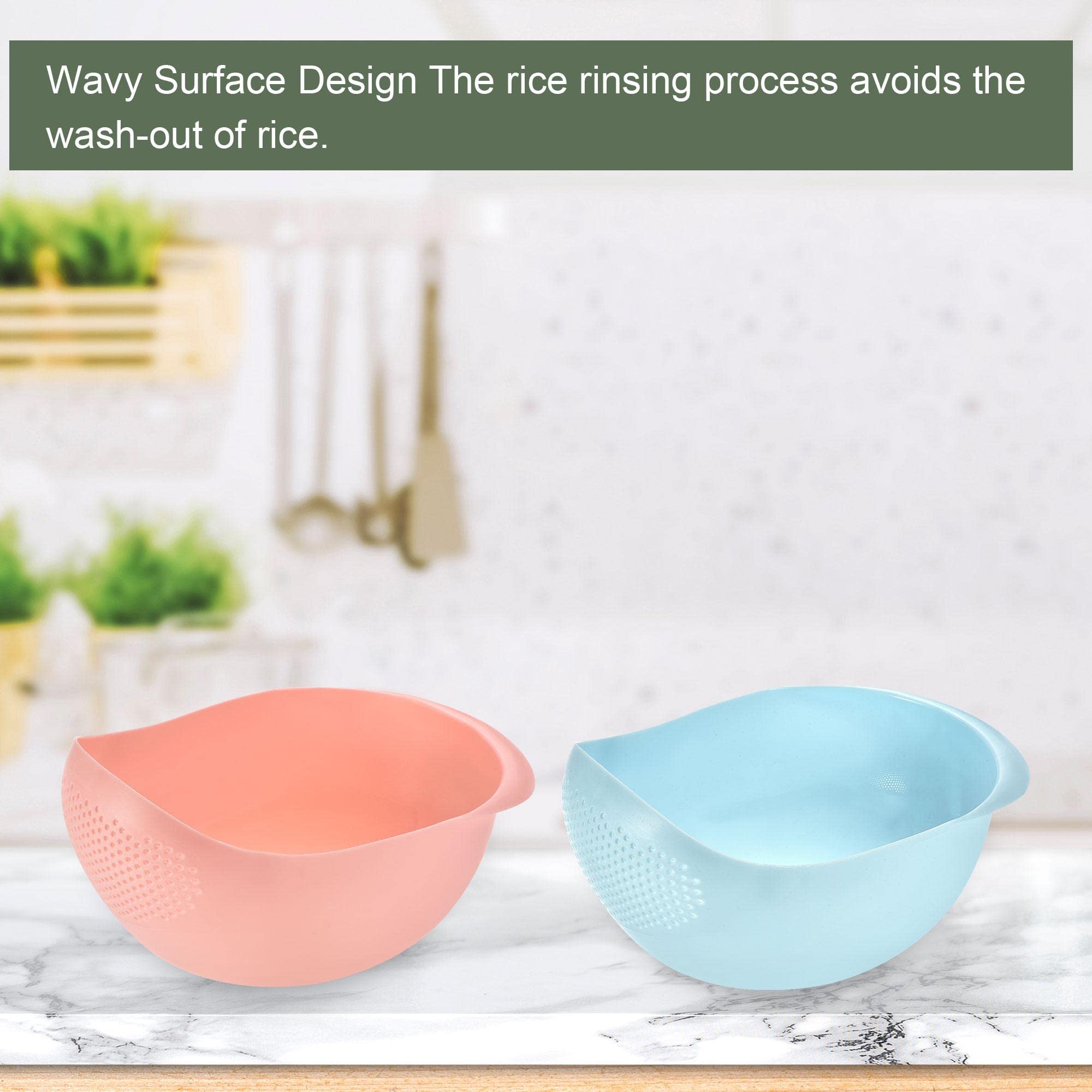 uxcell 2-Pack Rice Strainer Bowl with Handle - Rice Washing Filter Basket & Vegetable Fruit Colander - Blue & Pink Set for Kitchen, Cooking & Meal Prep