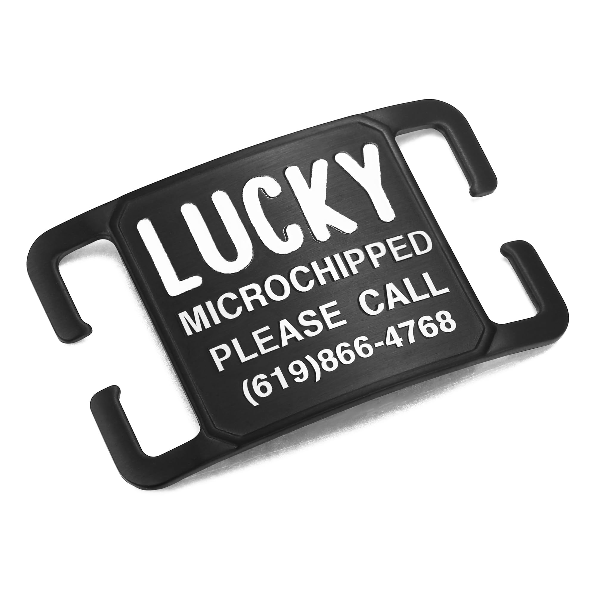 Custom Engraved Pet ID Tags for Dogs & Cats - Silent Slide-On Collar Tag, PVD Black Stainless Steel, 5 Lines Personalized Text - Perfect for Travel, Grooming & Everyday Safety