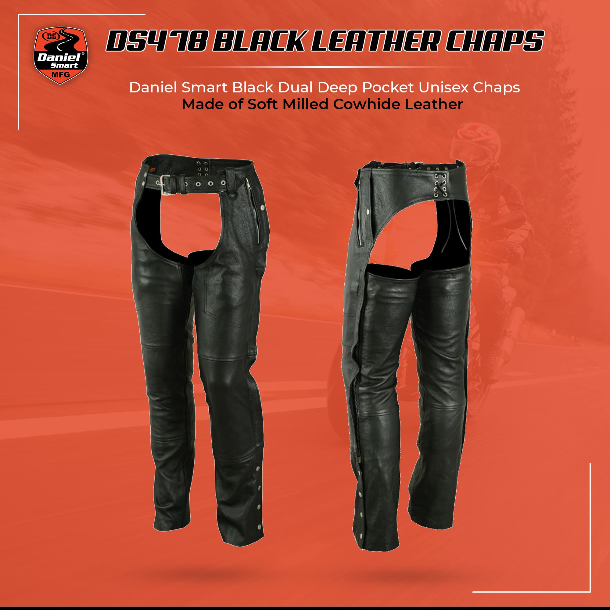 Daniel Smart Motorcycle Leather Chaps - All Season Unisex Biker Pants with Adjustable Fit & Convenient Pockets | Perfect for Harley, Cruiser & Road Trips