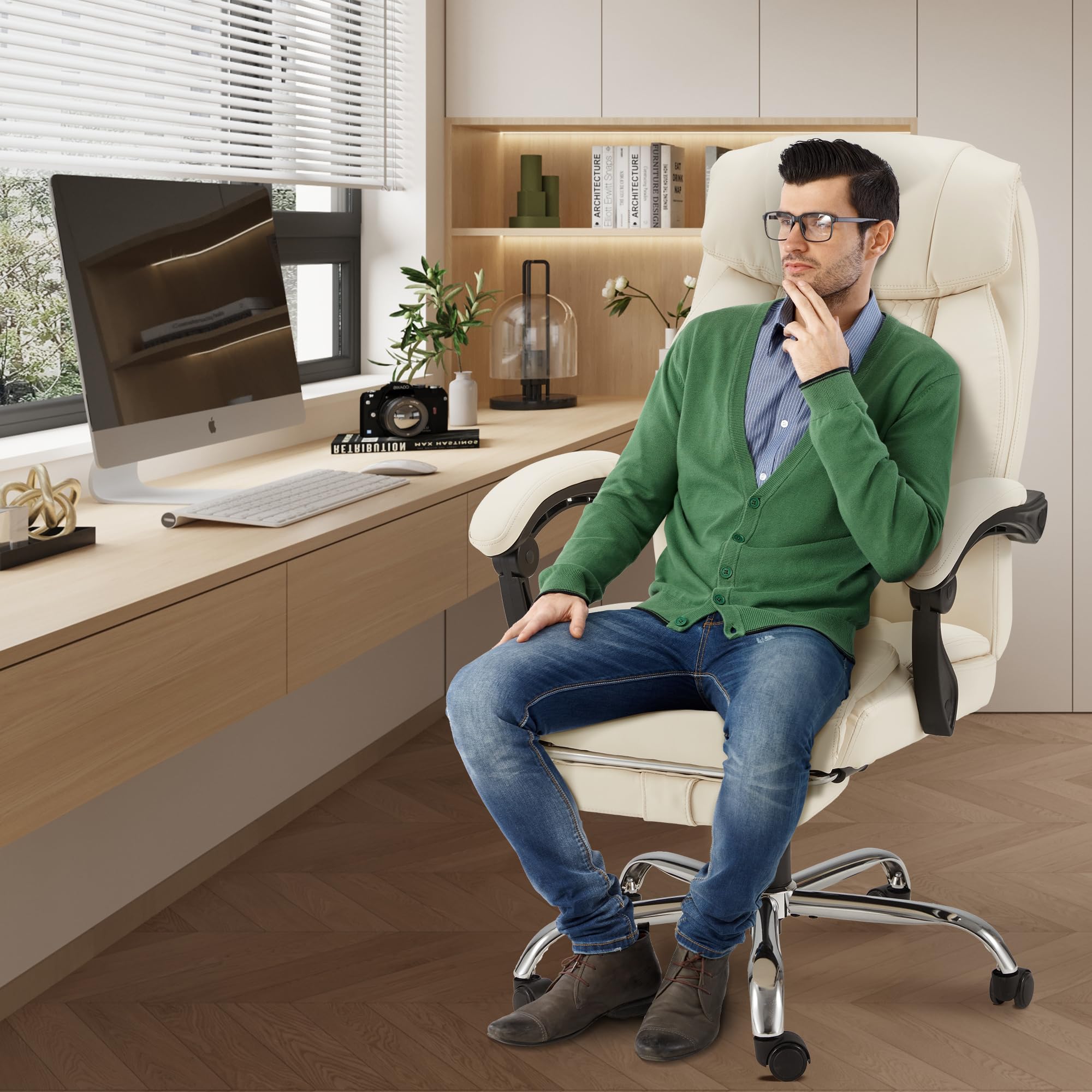 HOMREST Ergonomic Reclining Office Chair with 4-Point Massage & Heating - Adjustable Executive Chair with Retractable Footrest - Comfortable Computer Desk Chair for Home Office, Gaming & Work - Beige