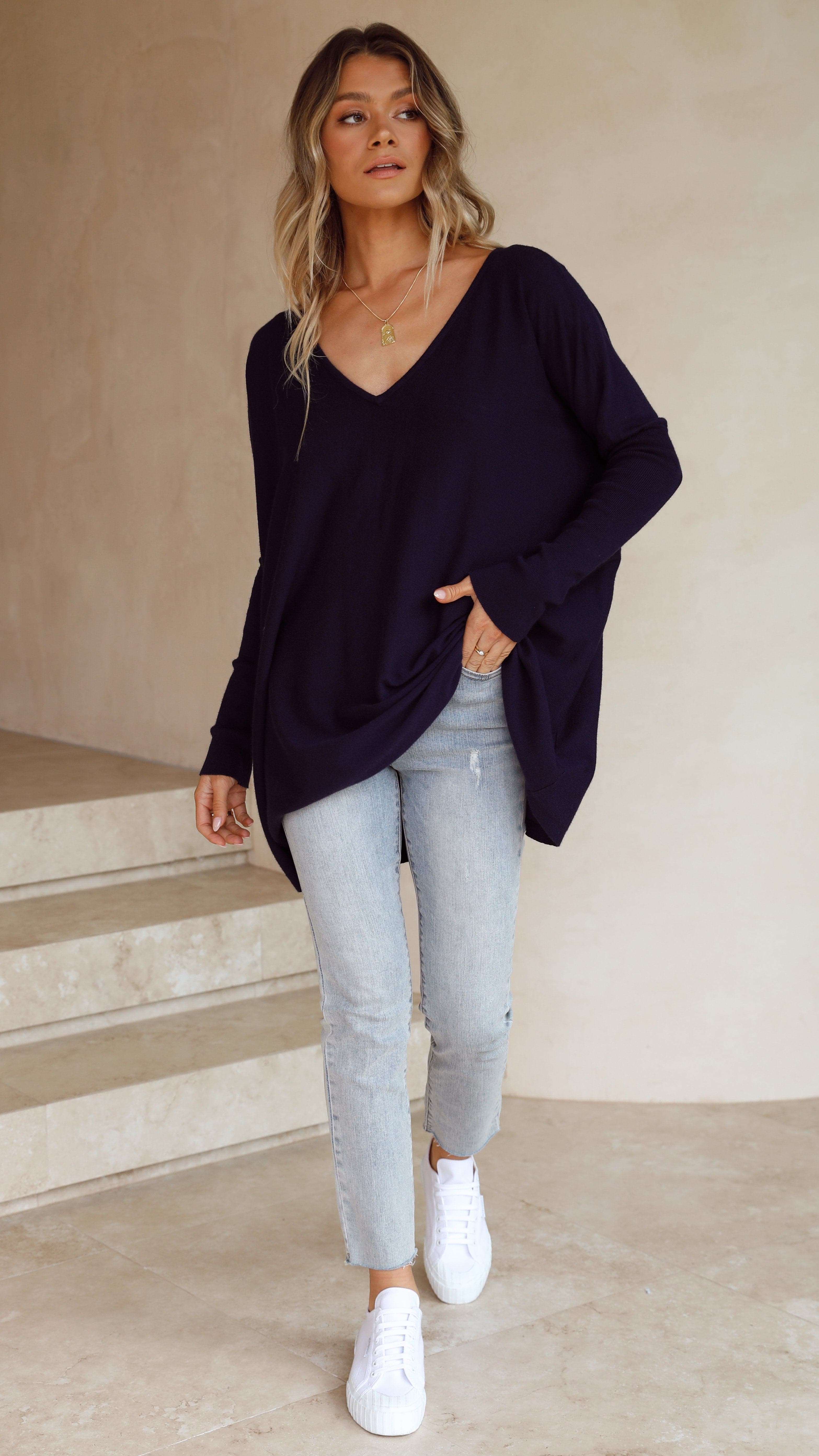 Amalia Knit Top for Women - Soft & Comfortable Navy Blue Crewneck T-Shirt - Perfect for Casual Wear, Layering & Everyday Outfits