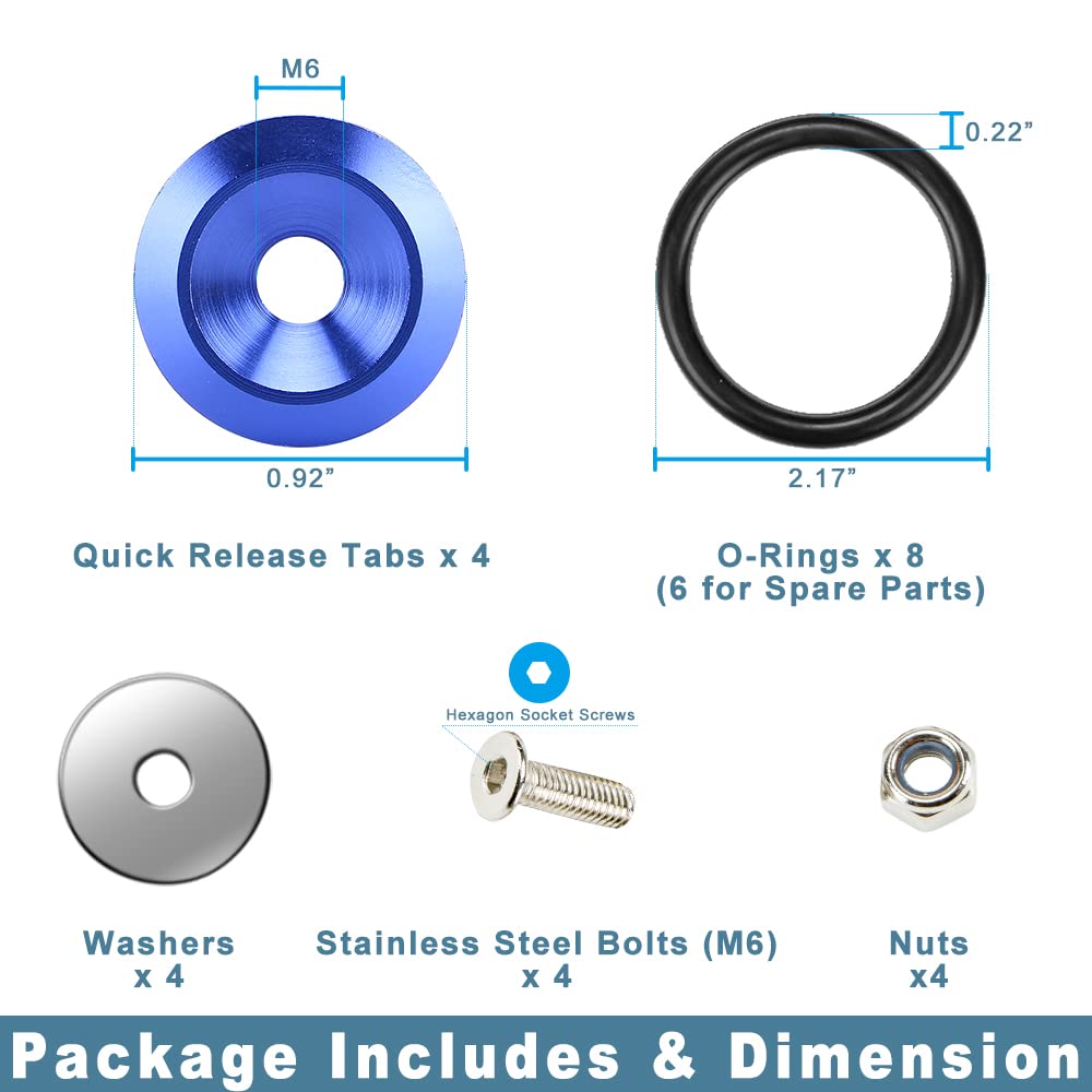 JDM Quick Release Bumper Fasteners Kit - Front & Rear Bumper Clips (4-Piece Set with 8 O-Rings, Blue) - Perfect for Car Modifications, Drift Racing & Automotive Body Kits