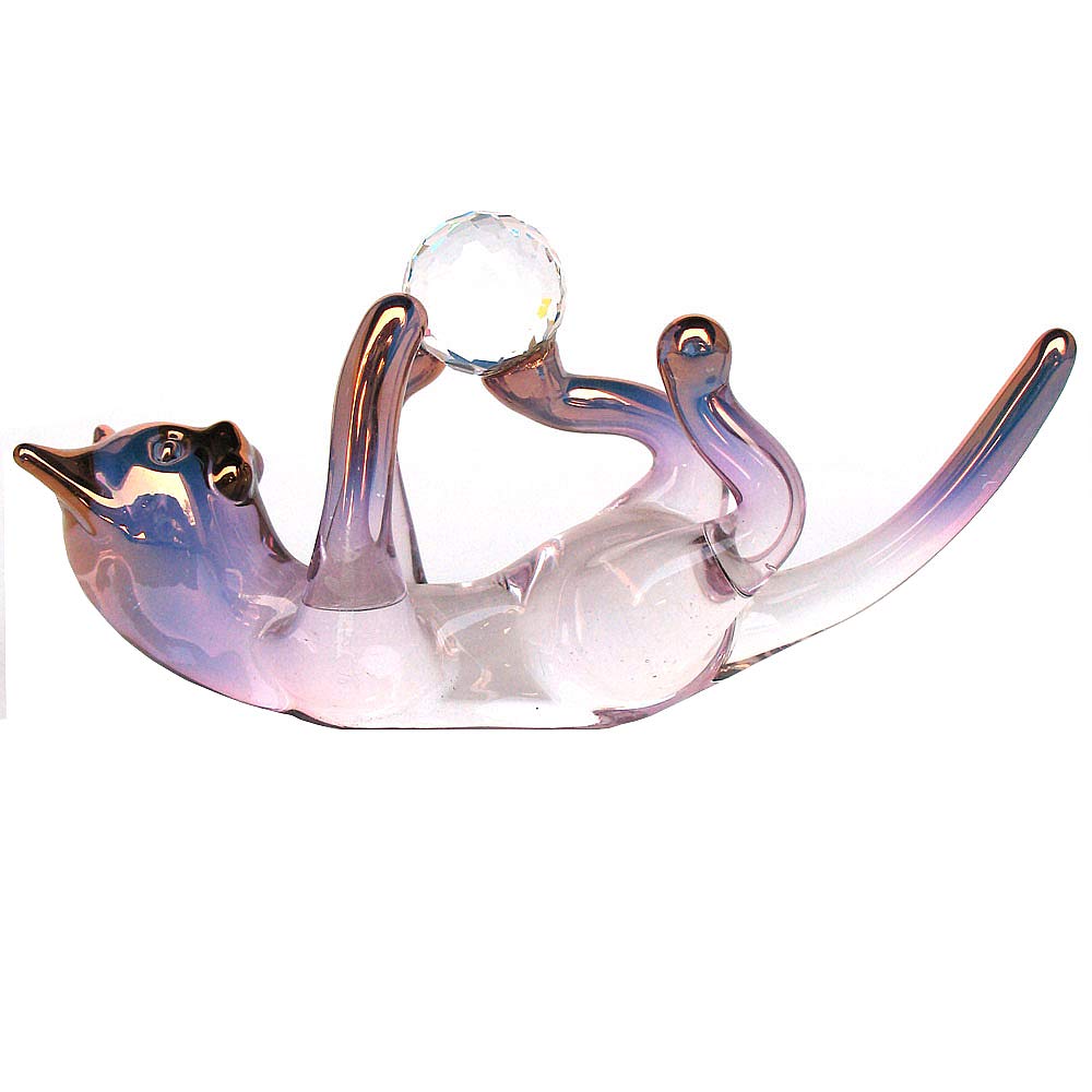 Hand Blown Glass Cat Figurine with Crystal Ball & String - Unique Home Decor, Gift for Cat Lovers, Feng Shui & Meditation Accessory