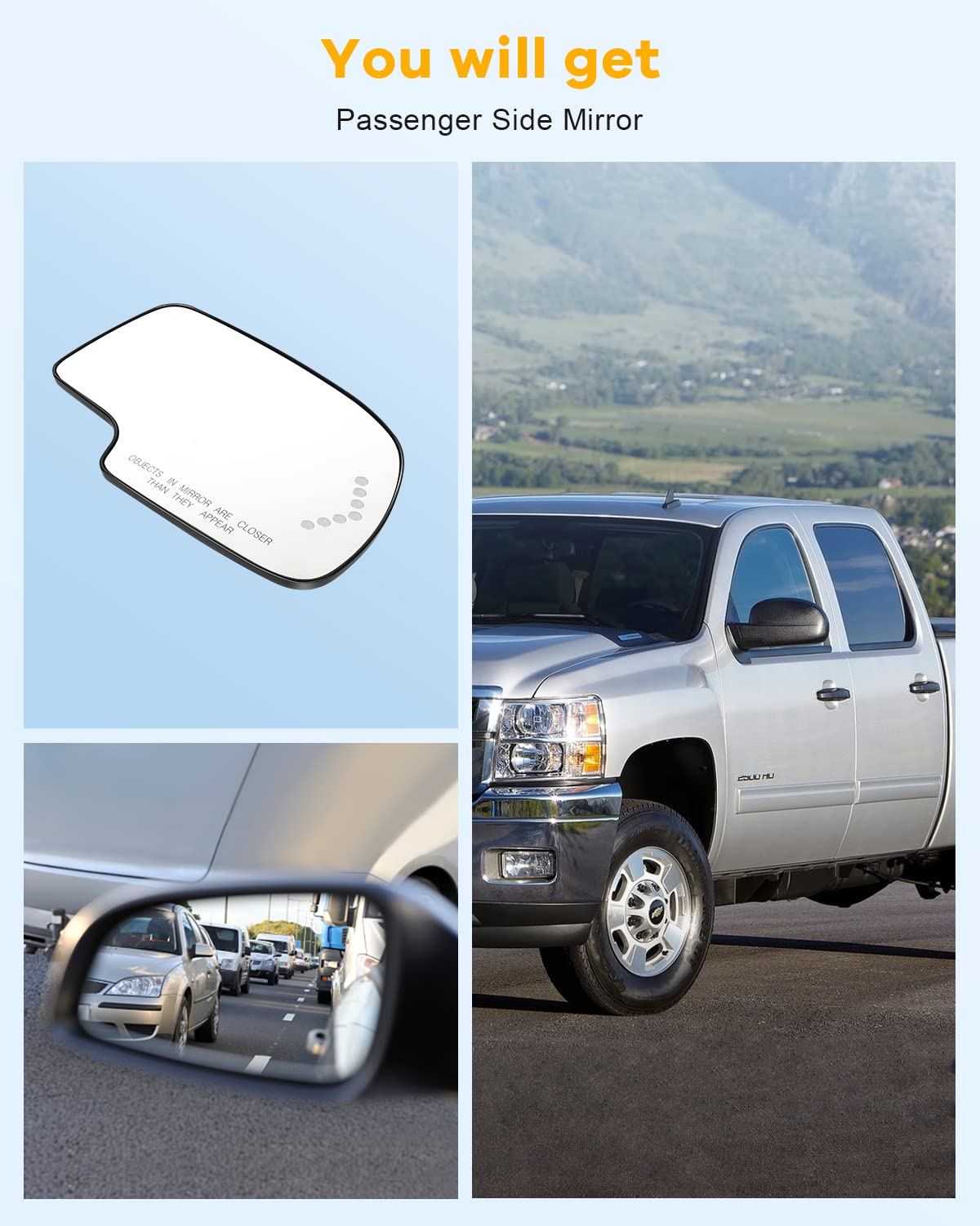 Replacement Side View Mirror Glass for 2003-2006 Chevy Silverado 1500 & 2007 Classic - Heated with Turn Signal - Passenger Side Exterior Mirror (Perfect for Winter Driving & Night Visibility)