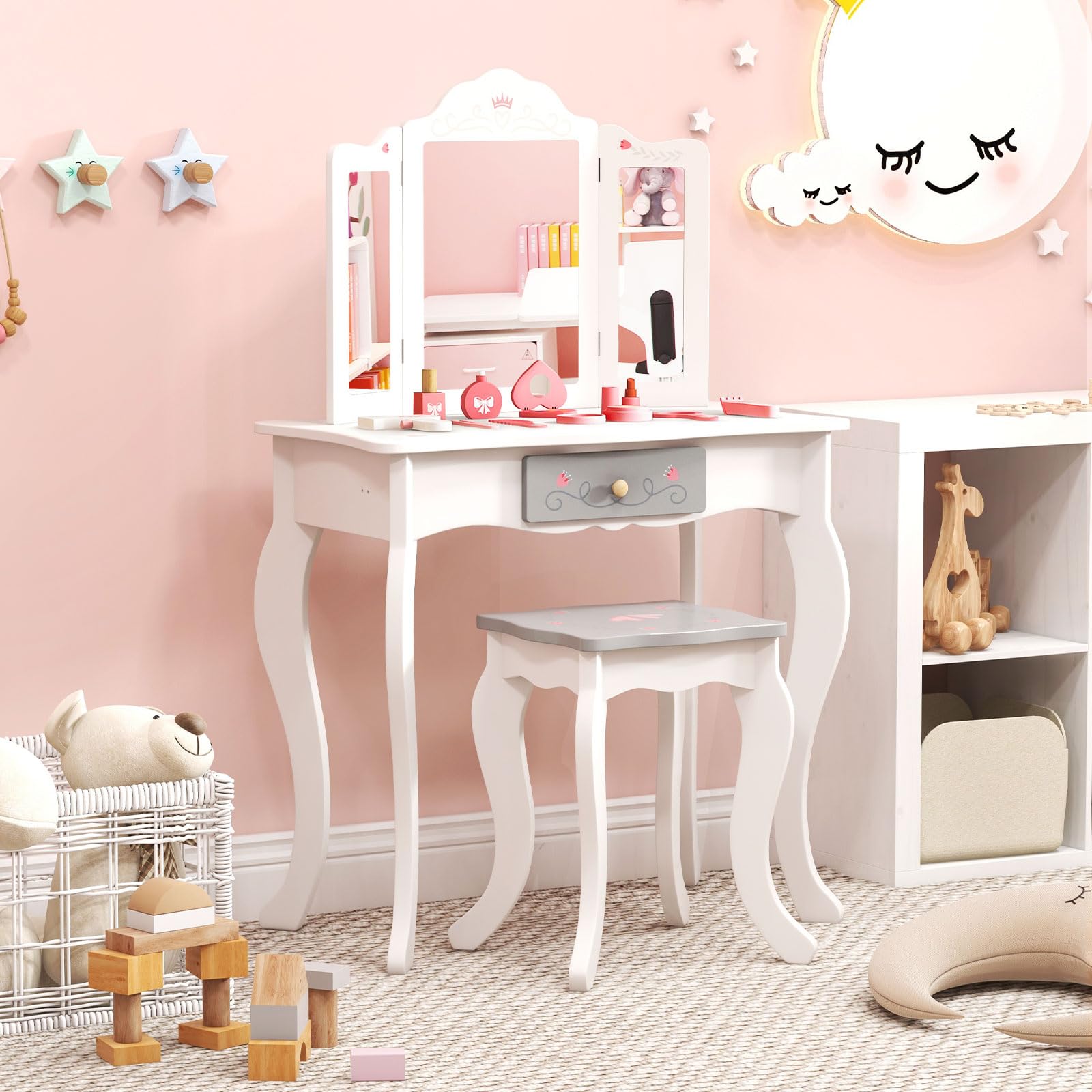 Honey Joy Kids Vanity Set with Mirror & Stool - Wooden Makeup Table for Toddlers - Pretend Play Dressing Toys for Little Girls (White) - Perfect for Birthday Gifts & Role Play