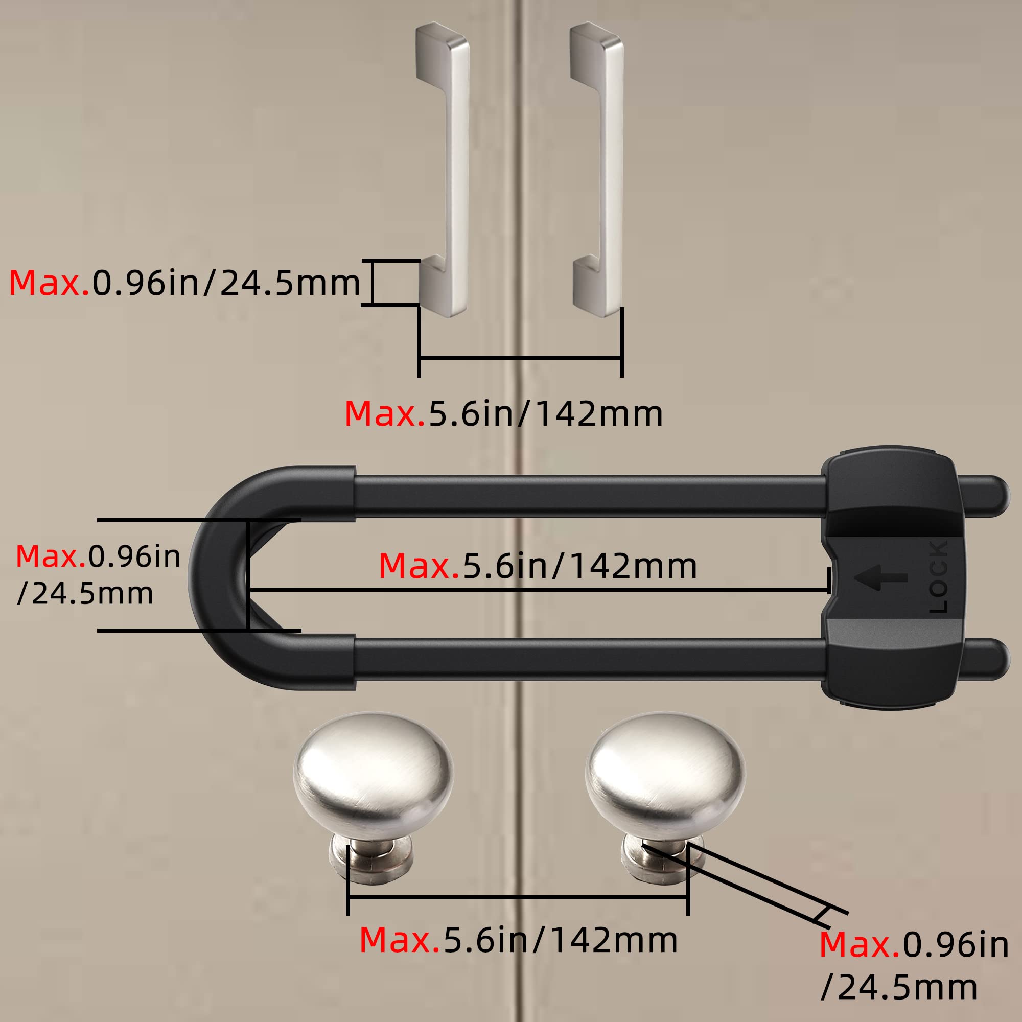 10-Pack Black U-Shaped Cabinet Locks - Child Safety Proofing Locks for Drawers, Wardrobes, Kitchen, Bathroom & Fridge (Adjustable for Doors, Knobs & Handles) - Perfect for Baby-Proofing Homes & Childcare Centers