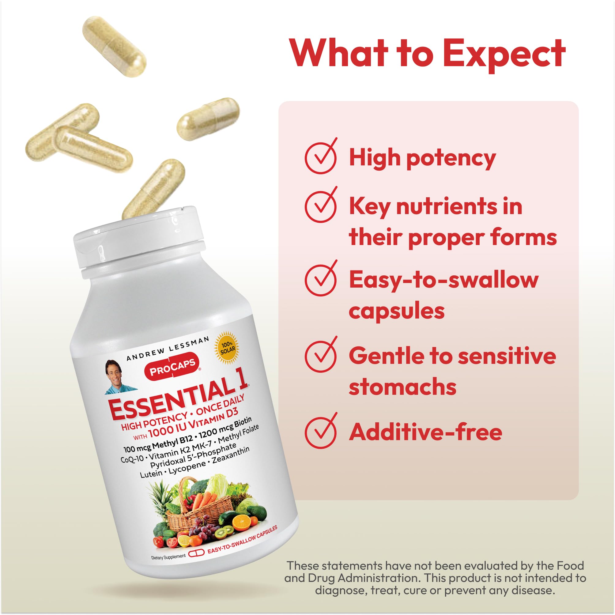 ANDREW LESSMAN Essential-1 Multivitamin with 1000 IU Vitamin D3, 360 Small Capsules - 100mcg Methyl B12, CoQ10, Lutein, Lycopene & Zeaxanthin | High Potency, No Additives, Ultra-Mild | One Daily Capsule for Immune Support & Eye Health | Perfect for Busy Adults & Active Lifestyles