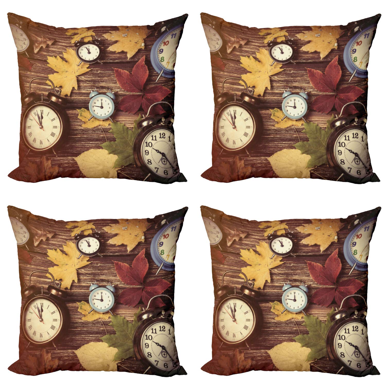 Ambesonne Fall Throw Pillow Covers Set of 4 - Autumn Maple Leaves & Vintage Alarm Clocks Wood Plank Print - 24 Inch Modern Double-Sided Decorative Cushion Covers - Perfect for Living Room, Bedroom, and Seasonal Home Decor