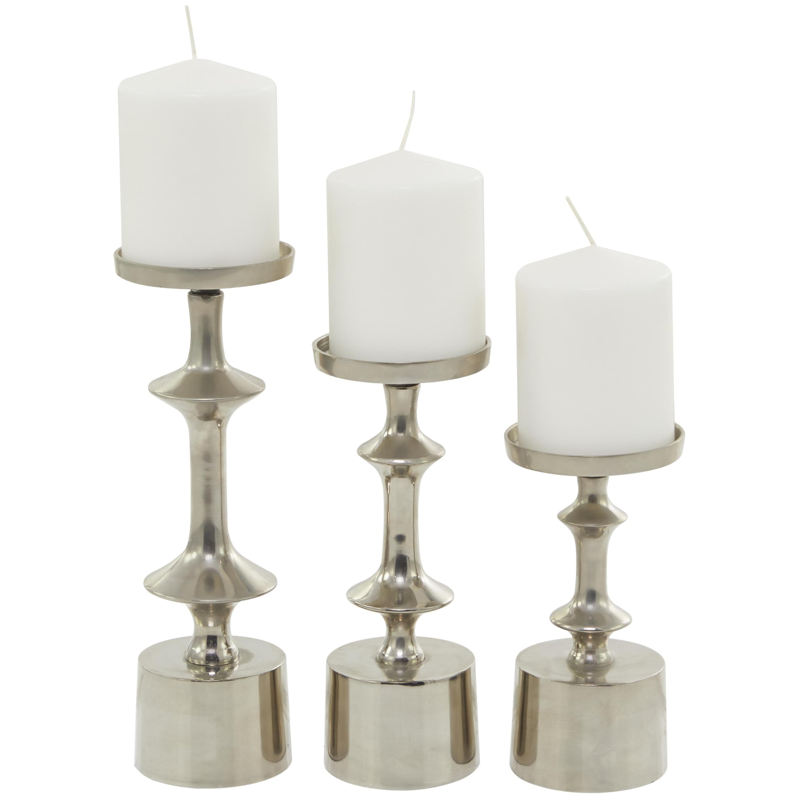 CosmoLiving by Cosmopolitan Decorative Aluminum Metal Candle Holder Set - 3 Silver Pillar Candle Stands (10