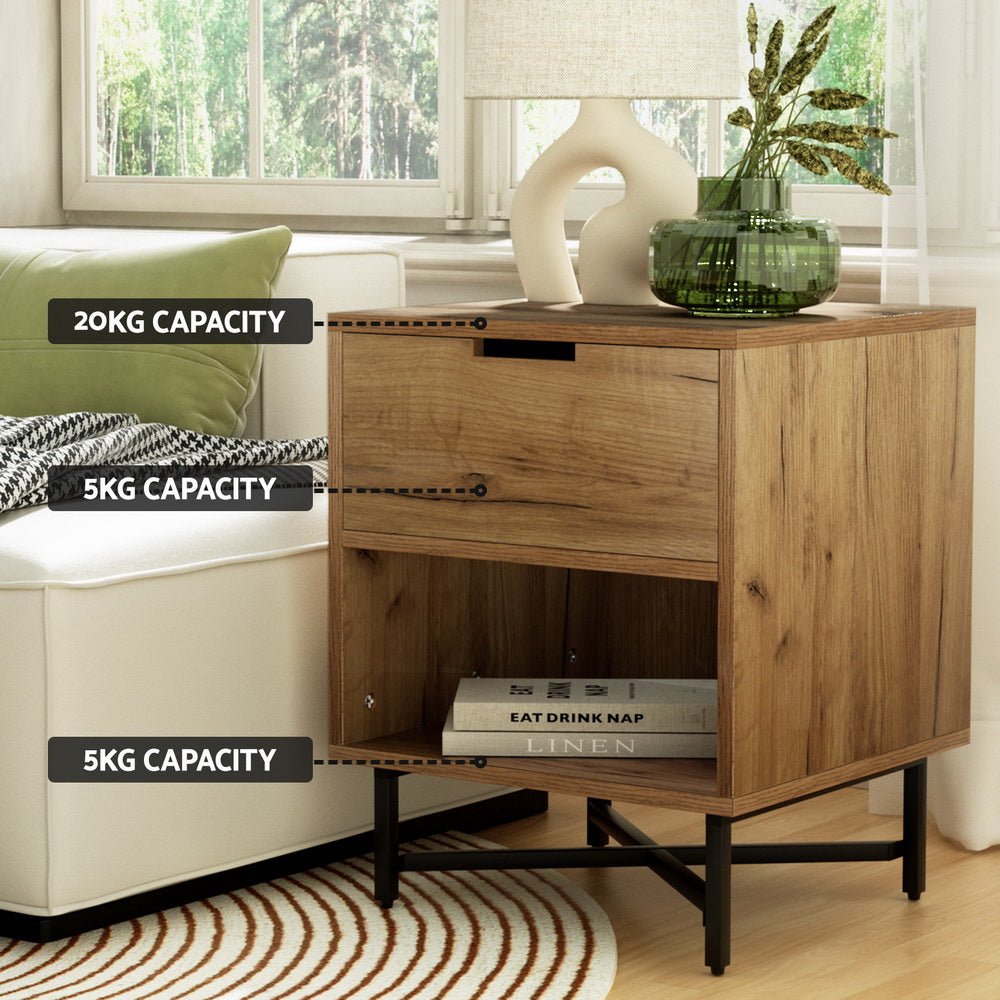 Industrial Style Oak Bedside Table with Drawer - Nightstand for Bedroom, Living Room & Office - Rustic Wood Night Stand with Storage