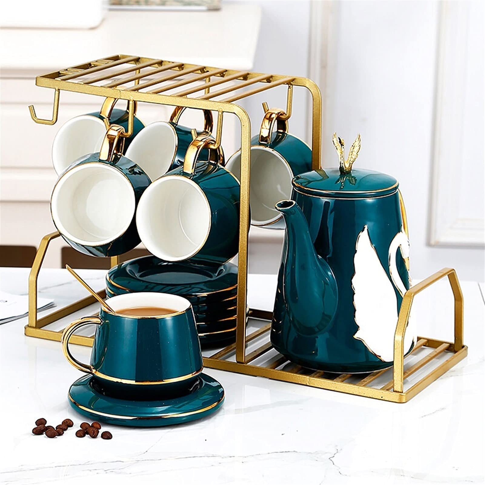 Premium Ceramic Coffee & Tea Set - 1 Pot, 6 Cups, 6 Saucers & 6 Spoons with Gold Trim - Elegant Serving Set for Home, Office or Gifts - Perfect for Afternoon Tea, Coffee Breaks & Entertaining Guests