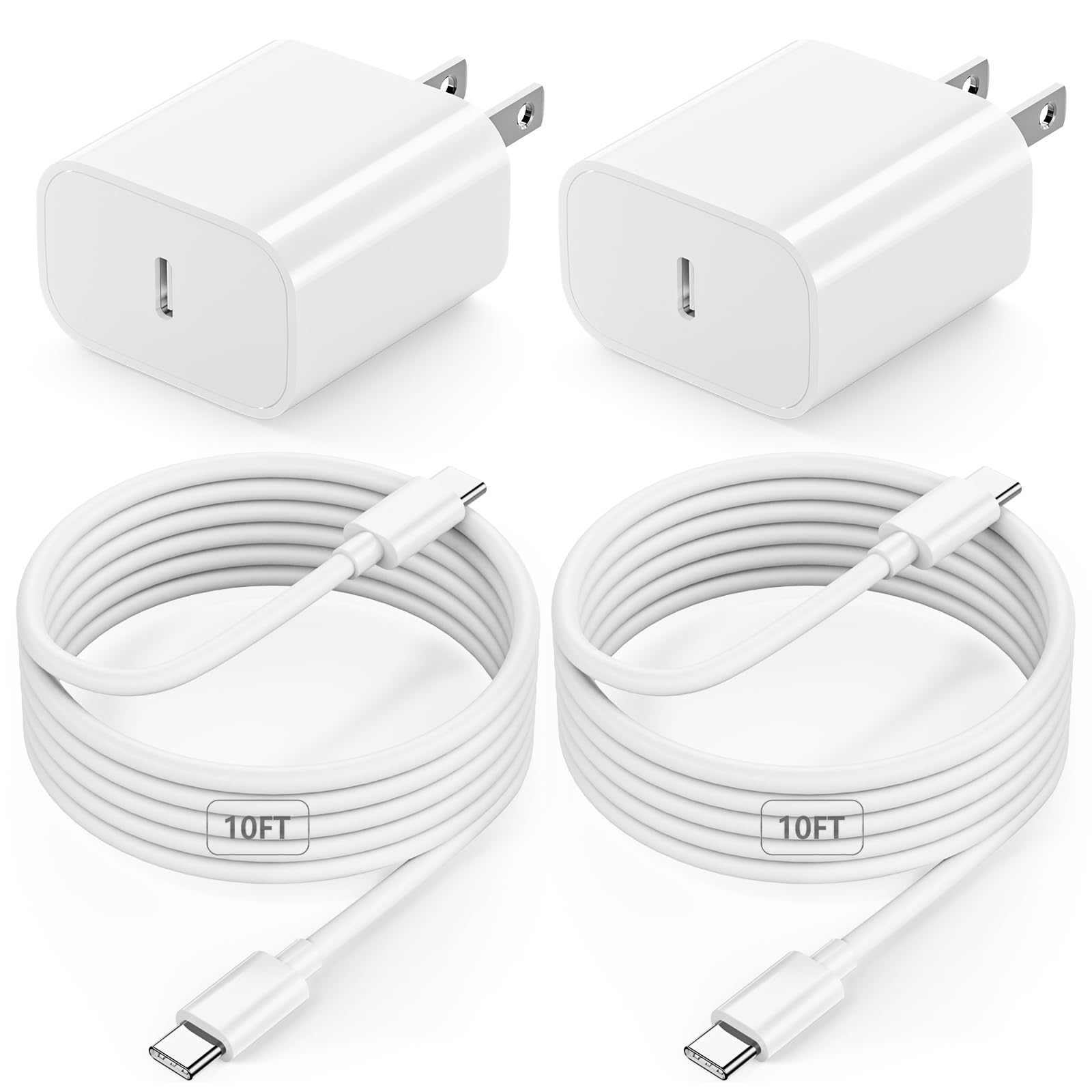 20W USB C Fast Charger 2-Pack with 10FT Long Cable - Compatible with iPad 10th/11th Gen, iPad Pro 12.9/11 inch, iPad Air 13/11 inch, iPad Mini - Perfect for Home, Office & Travel Charging Needs