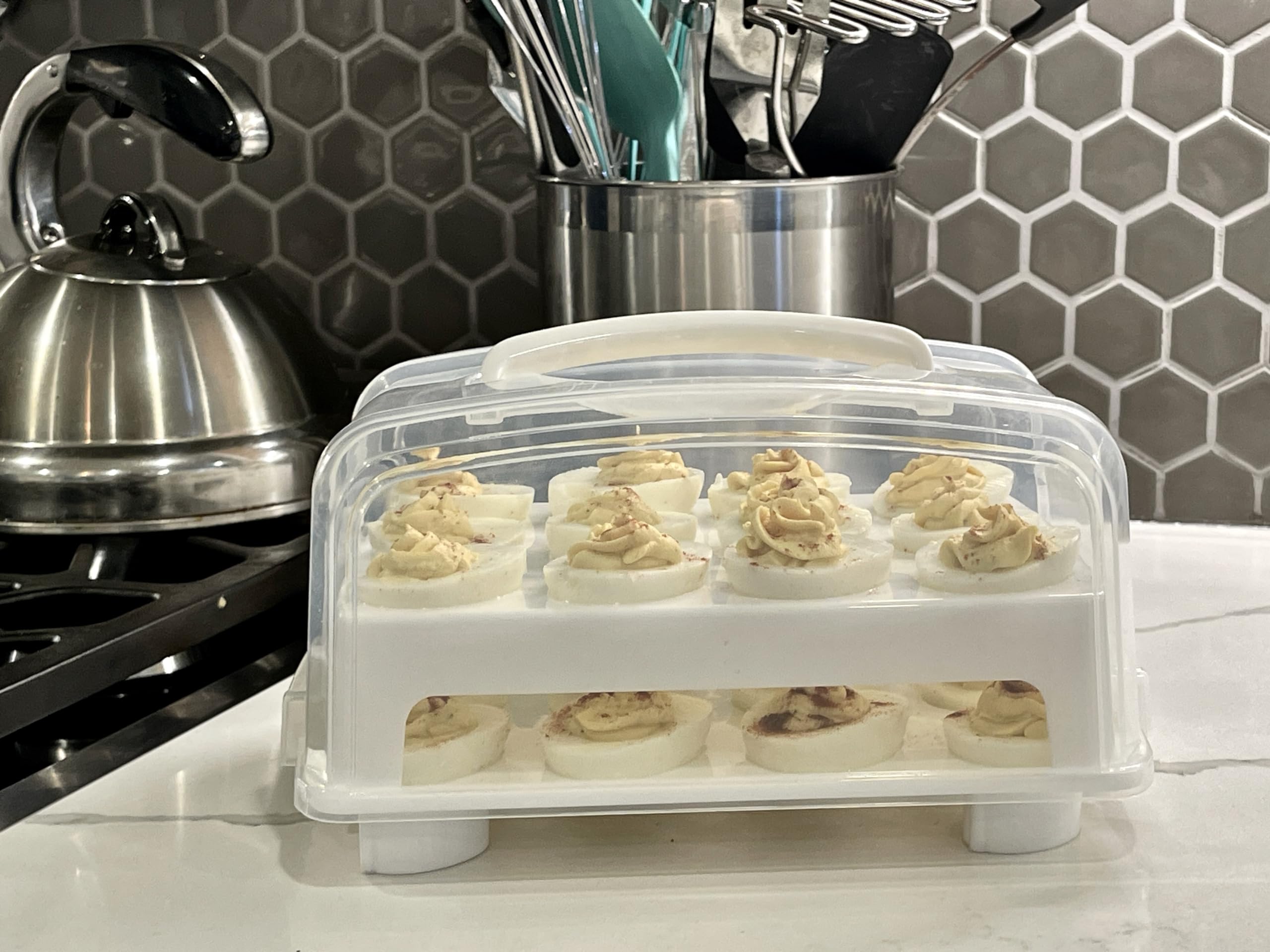 24-Capacity Deviled Egg Carrier & Holder for Standard Eggs - Durable 2-Tier Travel Egg Stand, Reusable Egg Storage Box (White) - Perfect for Picnics, Parties & Holiday Gatherings