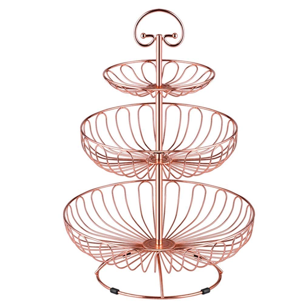 QTQHOME 3-Tier Gold Wire Fruit Basket Stand - Stylish Circular Storage Basket for Fruits, Bread & Kitchen Organization - Perfect for Living Room, Dining Table & Pantry Decor