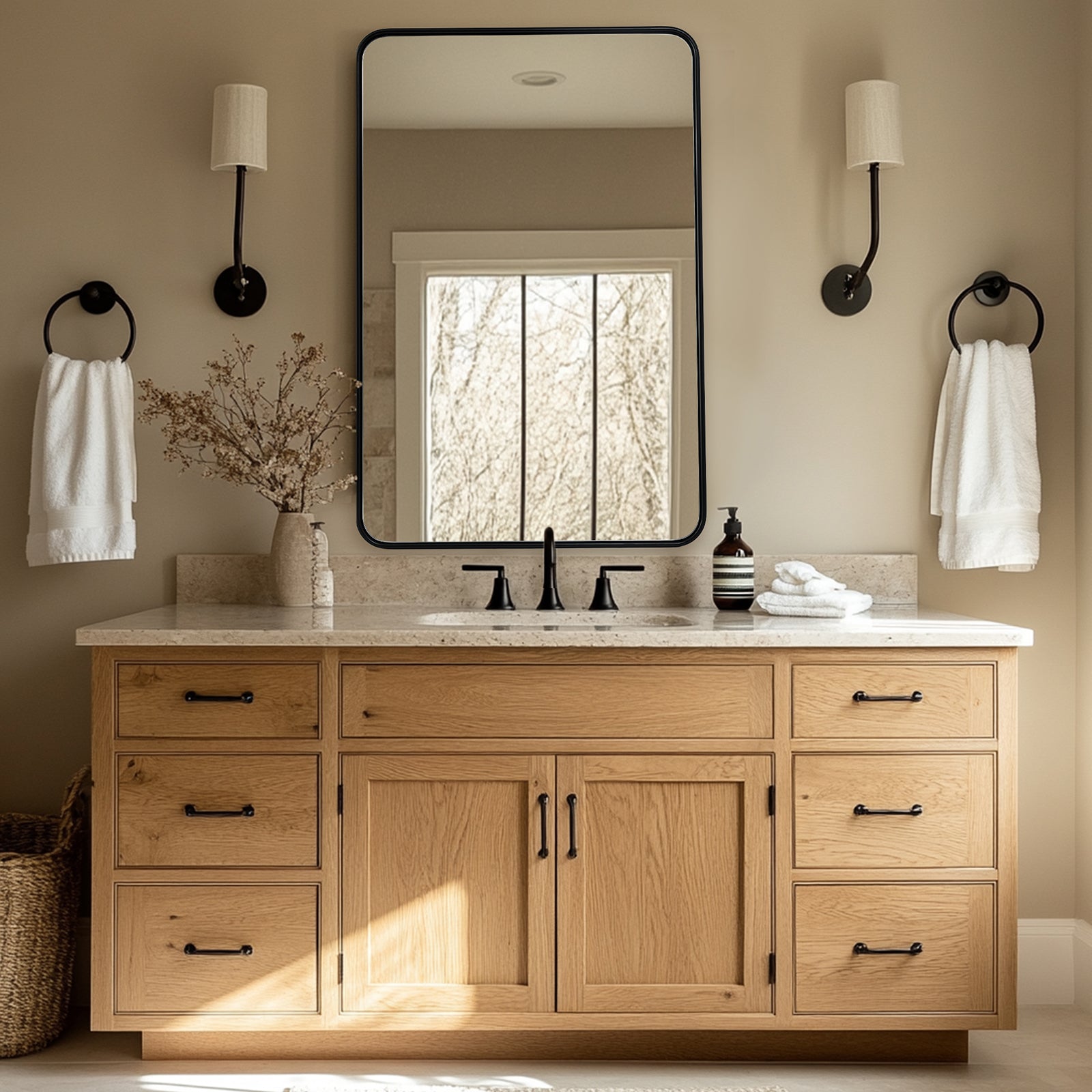 Modern Rounded Rectangular Bathroom Mirror with Stainless Steel U-Tube Frame - Perfect for Vanity, Powder Room & Contemporary Bathroom Decor