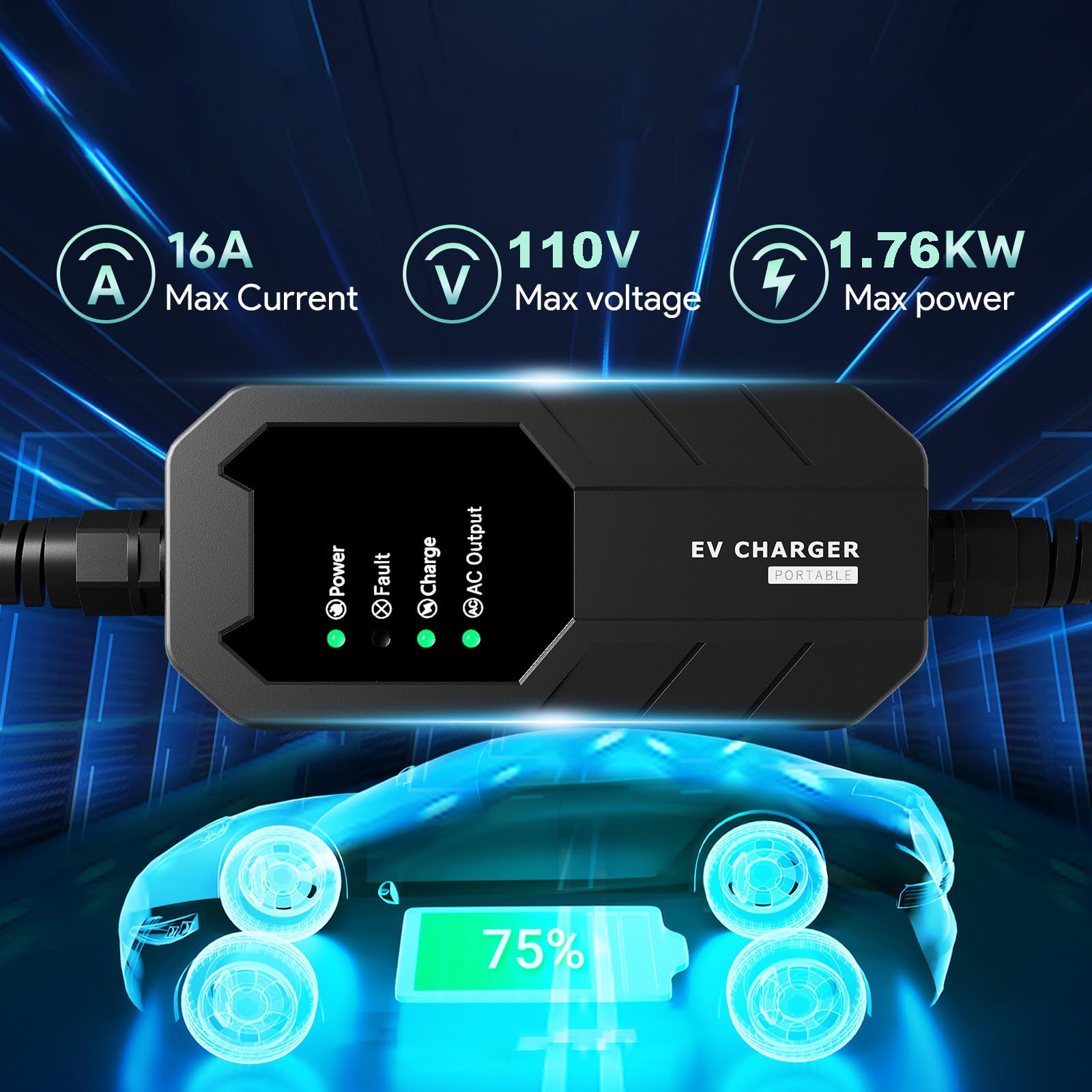 Level 1 EV Charger 16 Amp 25FT Cable - Portable J1772 Electric Vehicle Charger with NEMA 5-15 Plug - Perfect for Home, Office & Travel Charging
