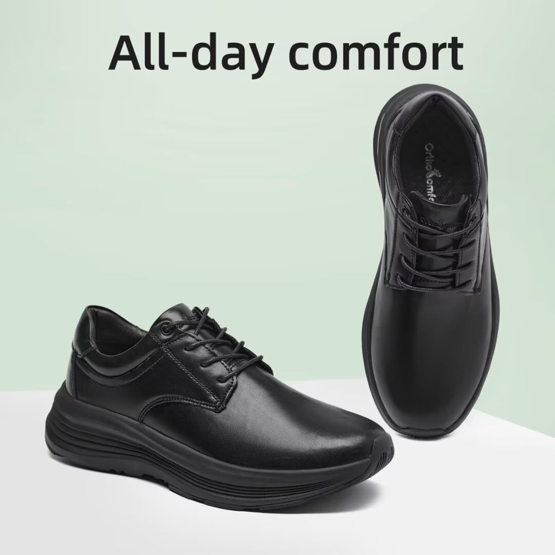 OrthoComfoot Men's Orthopedic Leather Dress Shoes - Arch Support Oxfords for Plantar Fasciitis & Heel Pain Relief - Comfortable Business & Casual Walking Shoes for Work, Travel & Daily Wear