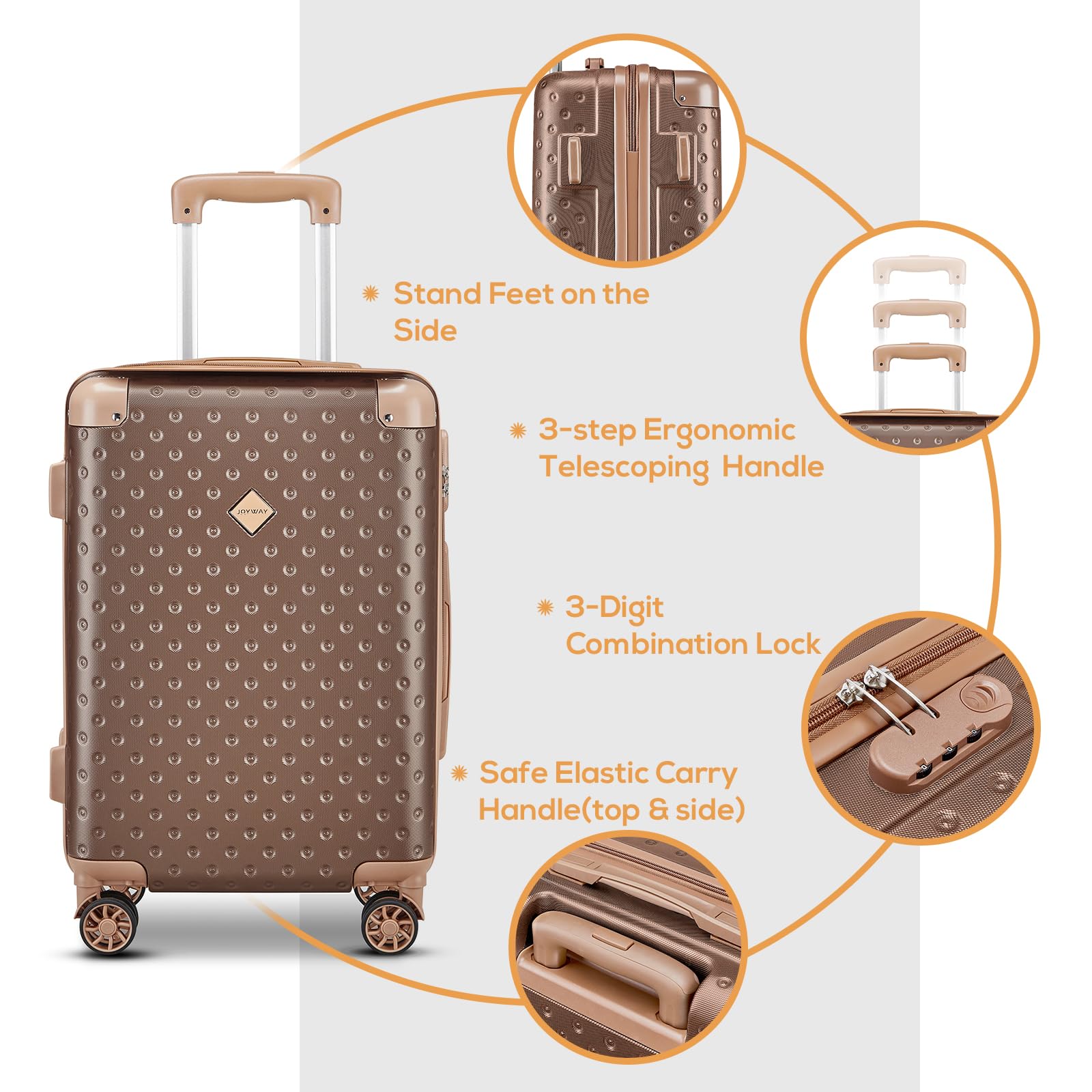 Joyway 20 Inch Hardside Carry On Luggage Set with Spinner Wheels - 3 Piece Airline Approved Suitcase 22x14x9 with Combination Lock (Brown) - Perfect for Business Travel & Weekend Getaways