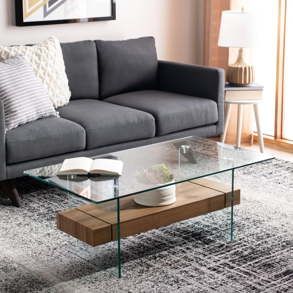 Safavieh Kayley Glass and Natural Brown Wood Coffee Table - Modern Living Room Furniture for Small Spaces, Apartments & Home Decor