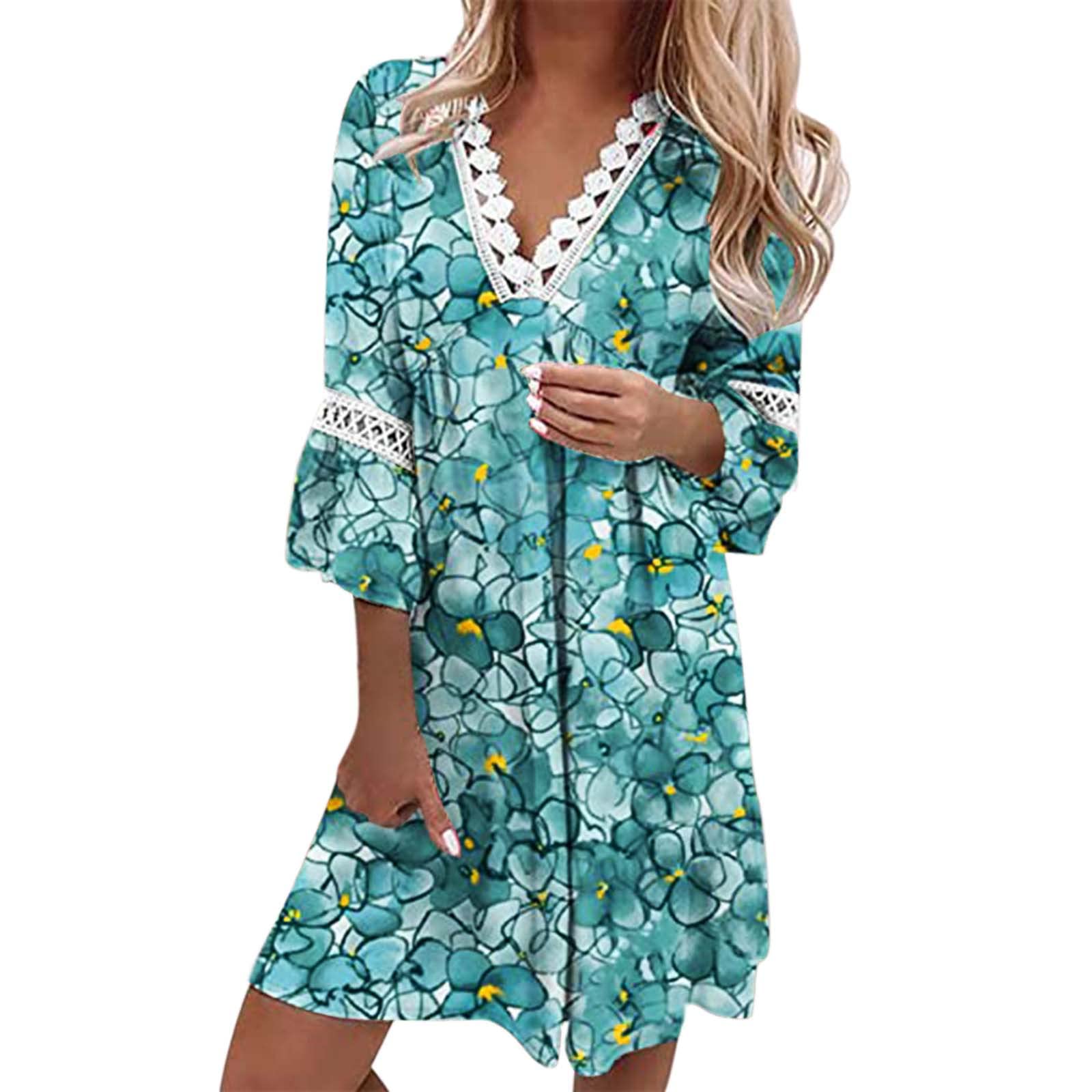 2022 Women's Summer Dresses - Ethnic Style Lace Trim V-Neck Three Quarter Sleeve Flowy Maxi Dress for Beach, Vacation & Casual Wear
