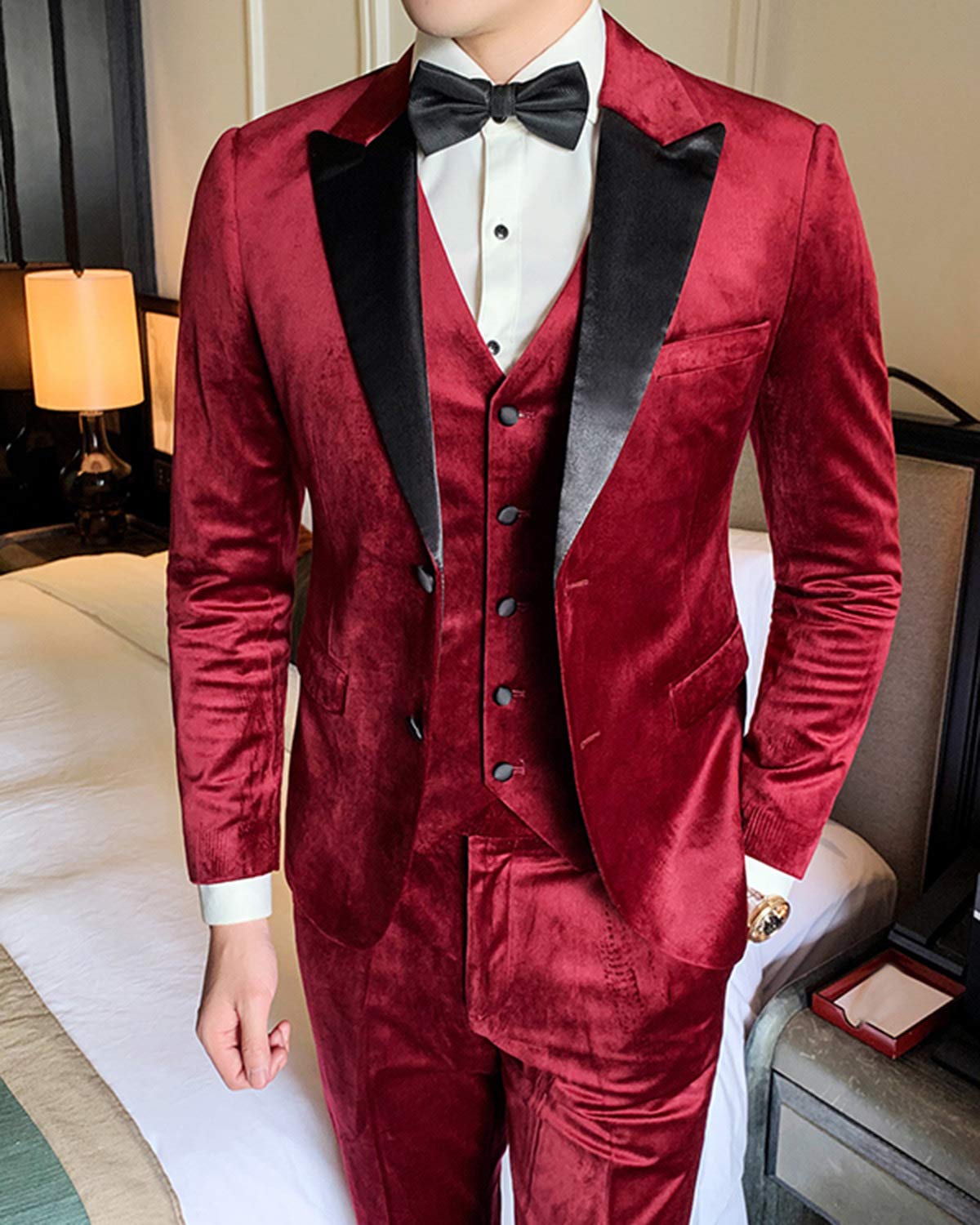 GATMSTZ Men's Velvet 3-Piece Suit Set with Peak Lapel - Formal Wedding Blazer & Dress Pants for Prom, Groom, Business & Special Occasions