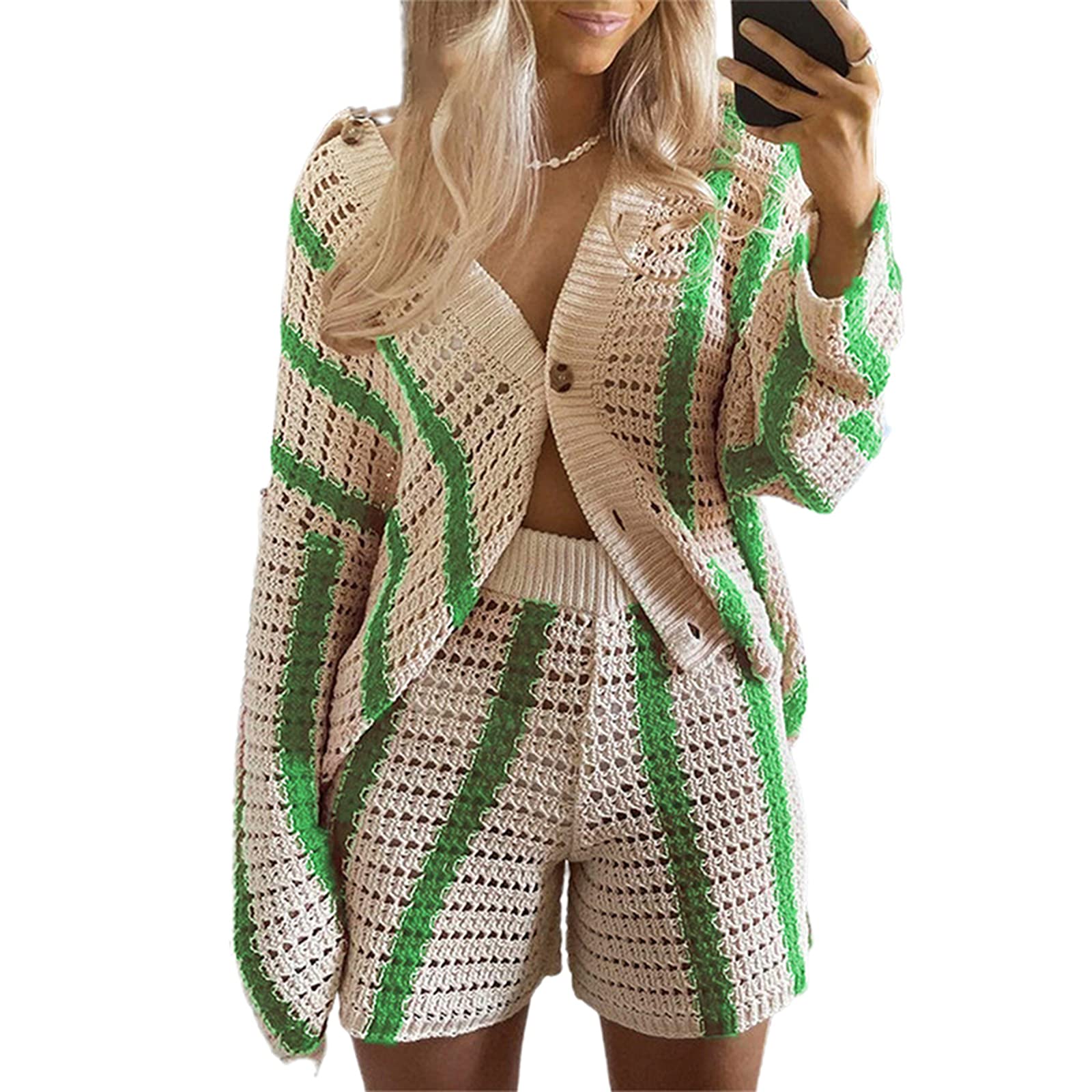 Women's Colorblock Knit Crochet 2-Piece Outfit - Long Sleeve Cutout Button Down Shirt & Shorts Set | Casual Loungewear, Beach Cover-Up, Spring Summer Fashion