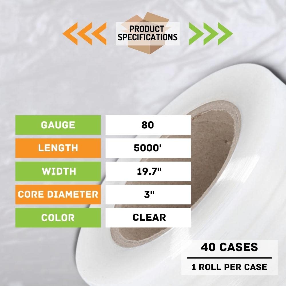 Industrial Packing Plastic Wrap - Heavy Duty Cast Machine Stretch Film, 19.7 Inch x 5000 Feet, 80 Gauge (40 Rolls) - Perfect for Warehouse, Shipping & Pallet Securing