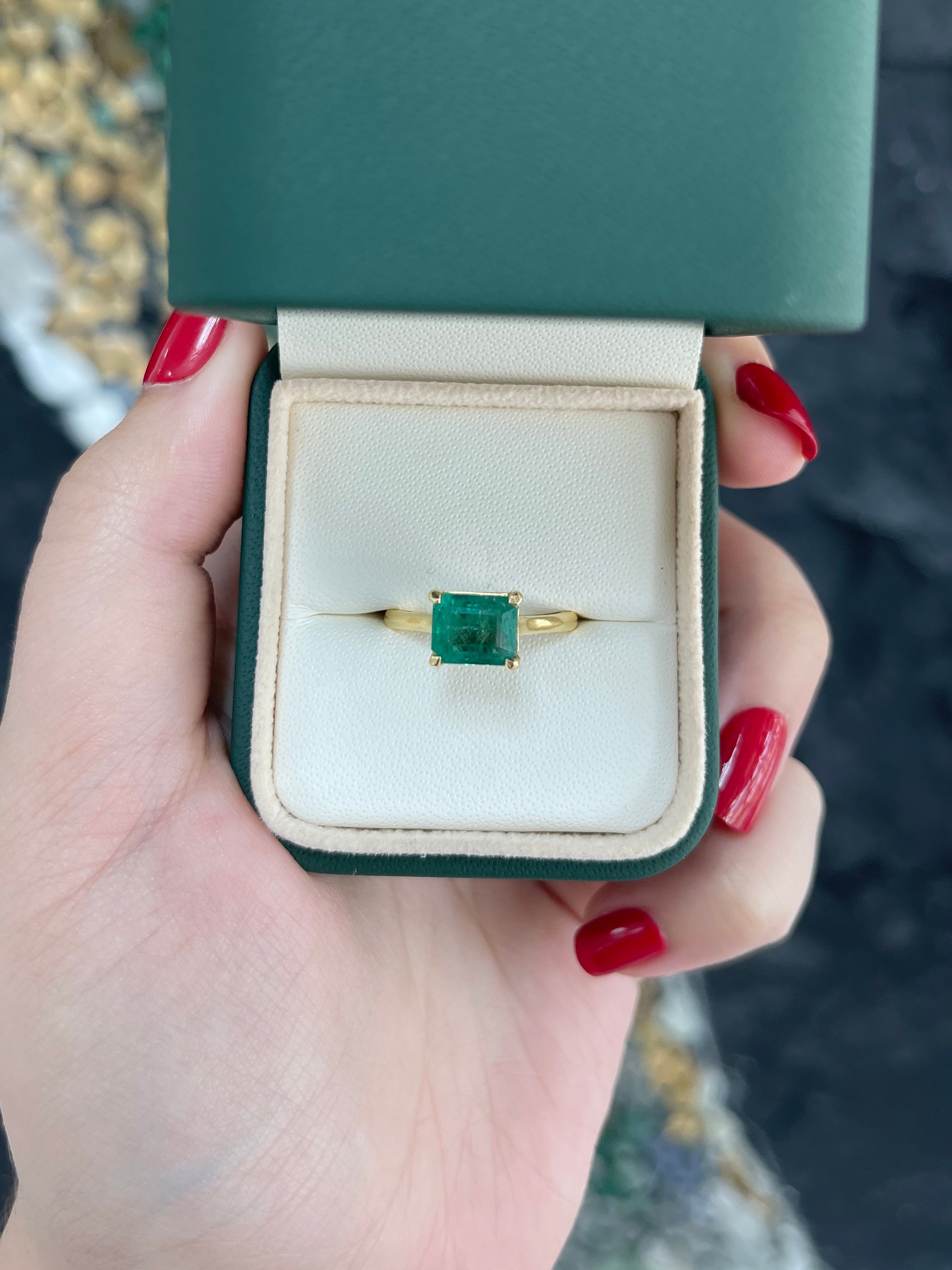 2.55ct 18K Natural Emerald Cut Bluish Green Medium Dark Green East to West Engagement Ring for Women - Vintage Inspired Wedding Band, Anniversary Gift, Proposal Jewelry for Her