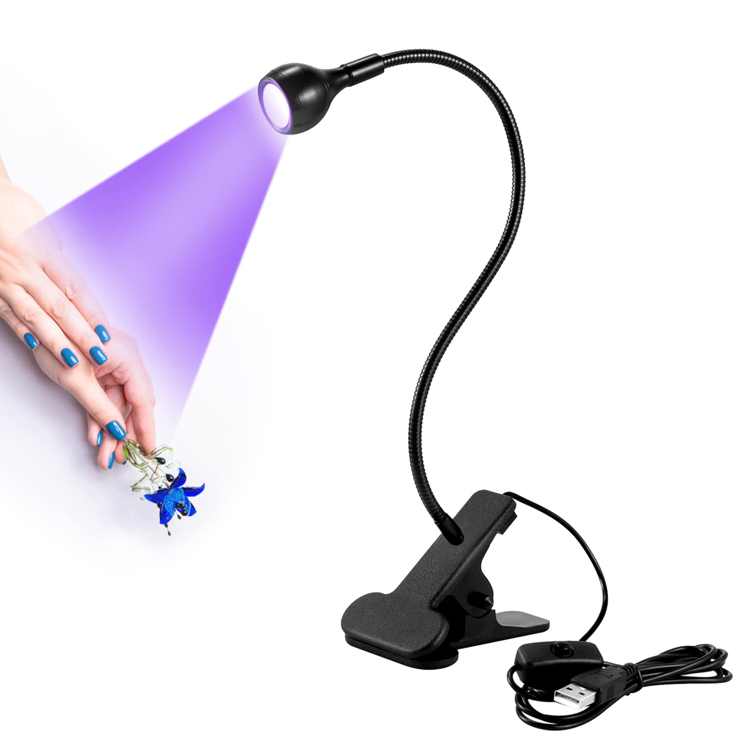 Abnaok USB 3W LED UV Ultraviolet Phone Glue Curing Lamp - Portable UV Nail Lamp for Gel Manicures & Phone Repair - Flexible Clamp Desk Light for Home, Salon & DIY Projects - Plug & Play Black