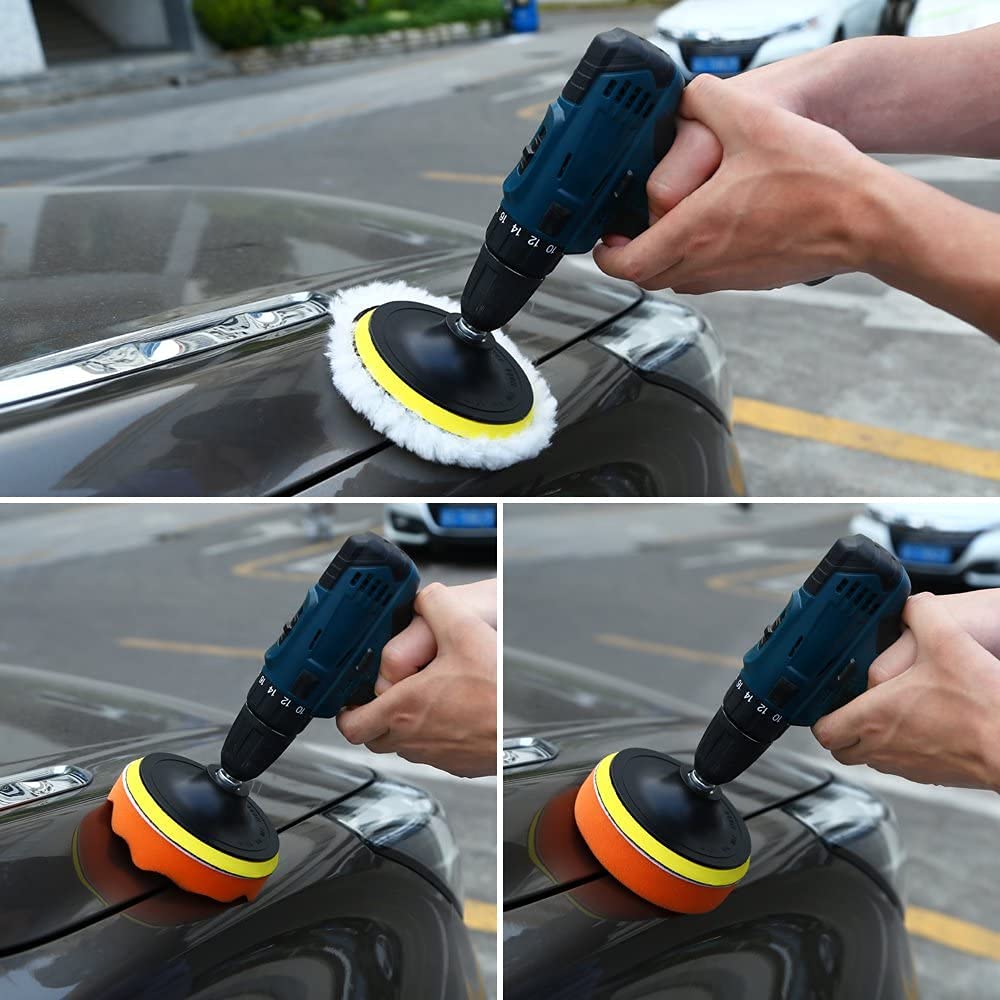 Utoolmart 5-inch Hook and Loop Buffing Sponge Pads - 4-Piece Foam Drill Polishing Pad Kit for Car Detailing, Sanding, Waxing & Paint Correction - Orange Buffing Pads for Automotive Polishing & DIY Projects