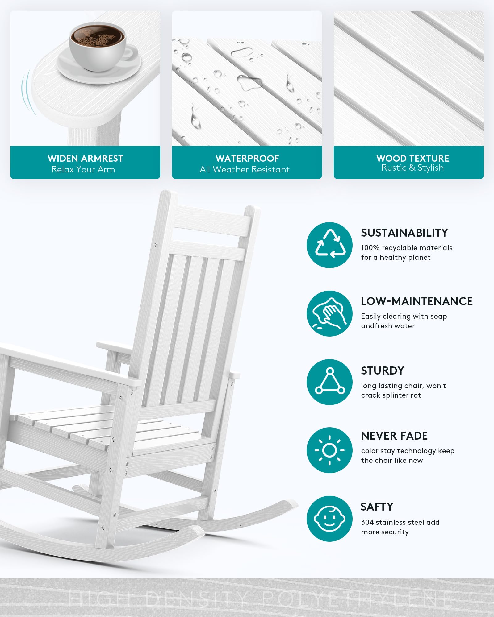 SERWALL Outdoor Rocking Chair for Adults - All-Weather HDPE Rocking Chair - White Patio Rocker for Lawn, Garden & Porch - Perfect for Relaxing, Reading & Enjoying Nature