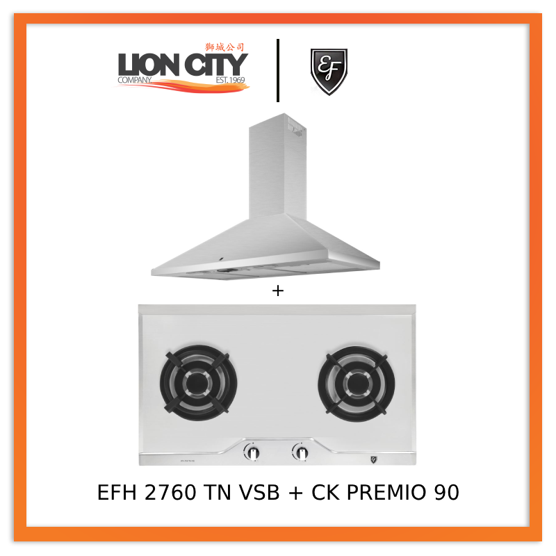 EF CK Premio 90 Stainless Steel Chimney Hood with EF EFH 2760 TN VSB 78cm Built-in Gas Hob - Modern Kitchen Ventilation for Home Cooking & Professional Use