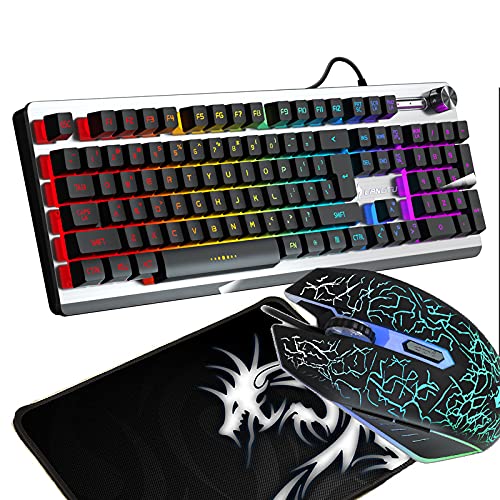 Ergonomic RGB Gaming Keyboard with Mechanical Feel - Waterproof Metal Panel, Rainbow LED Backlit, Wired Keyboard & Mouse Combo Set with Mouse Pad - Perfect for PC Gaming, Office Work, and Typing